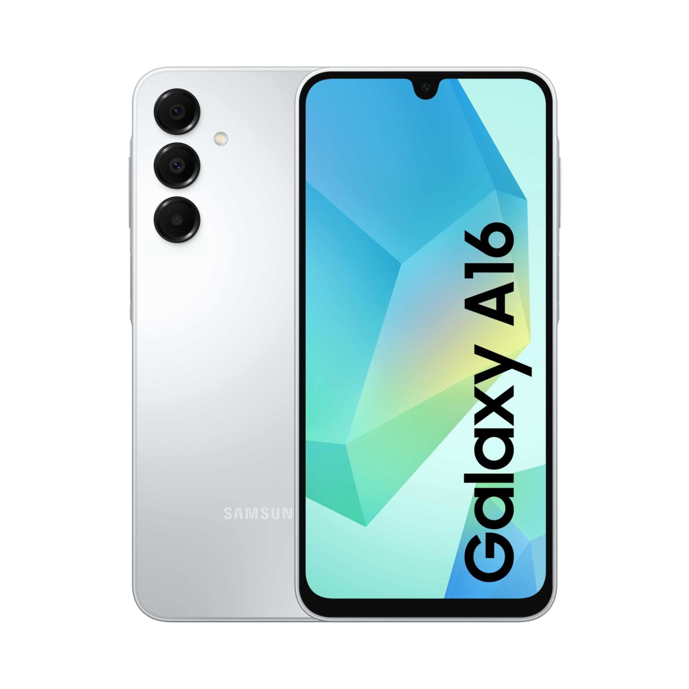 Uno smartphone Samsung Galaxy A16 argentato con tre fotocamere posteriori.