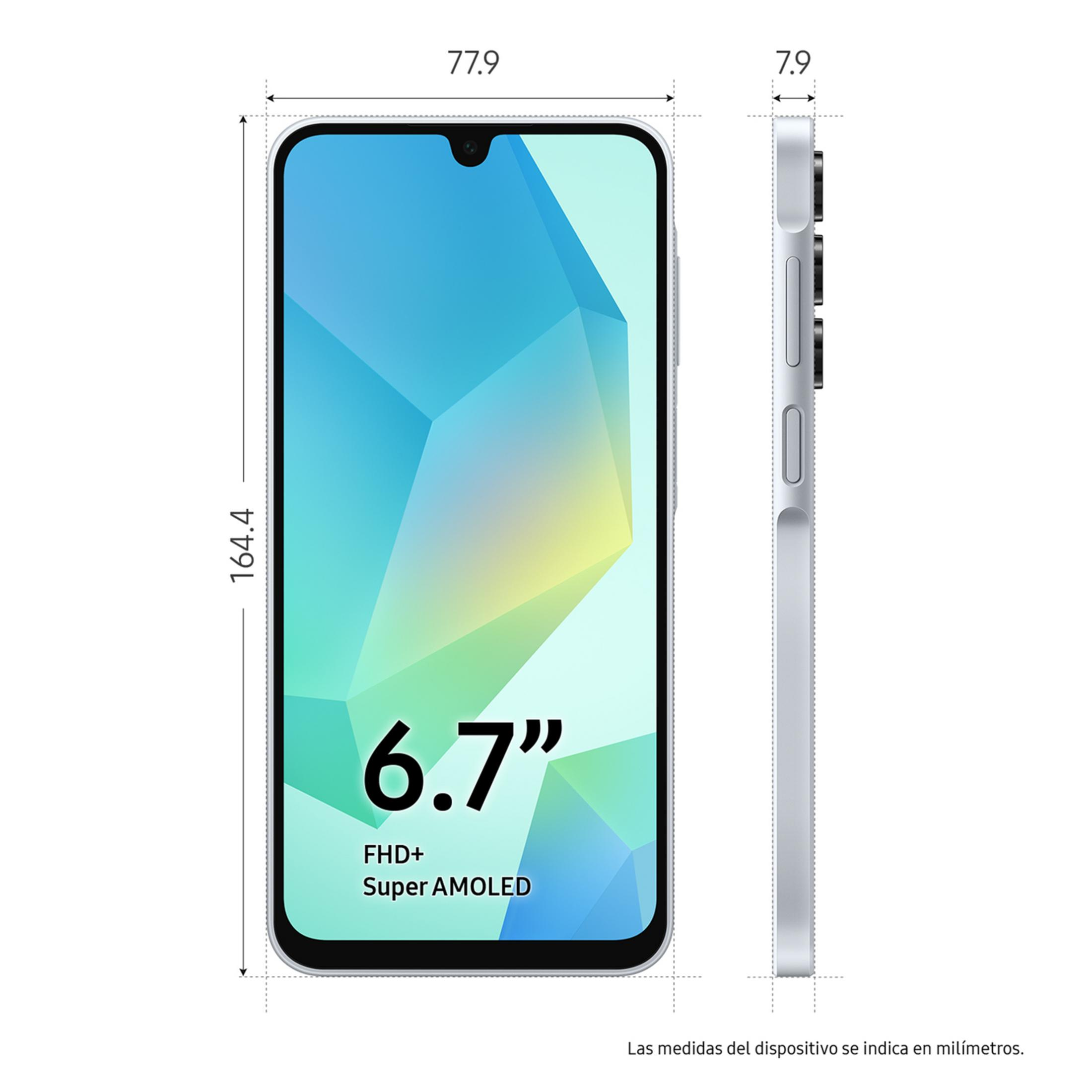 Uno smartphone argentato di 164.4x77.9x7.9mm con display Super AMOLED FHD+ da 6.7".