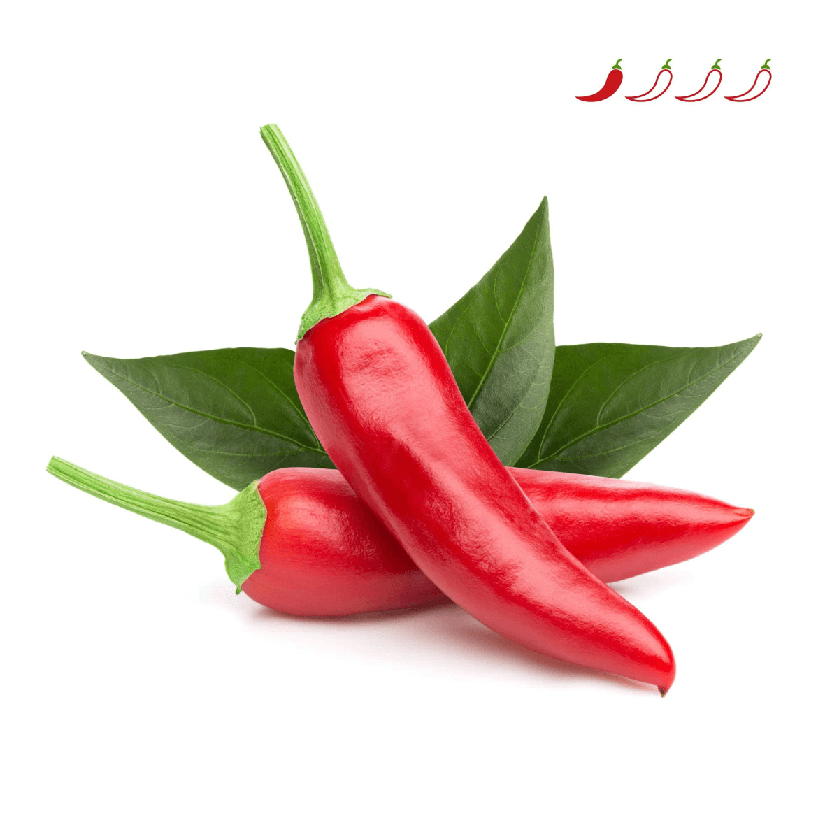 Due peperoncini rossi con foglie verdi su sfondo bianco.