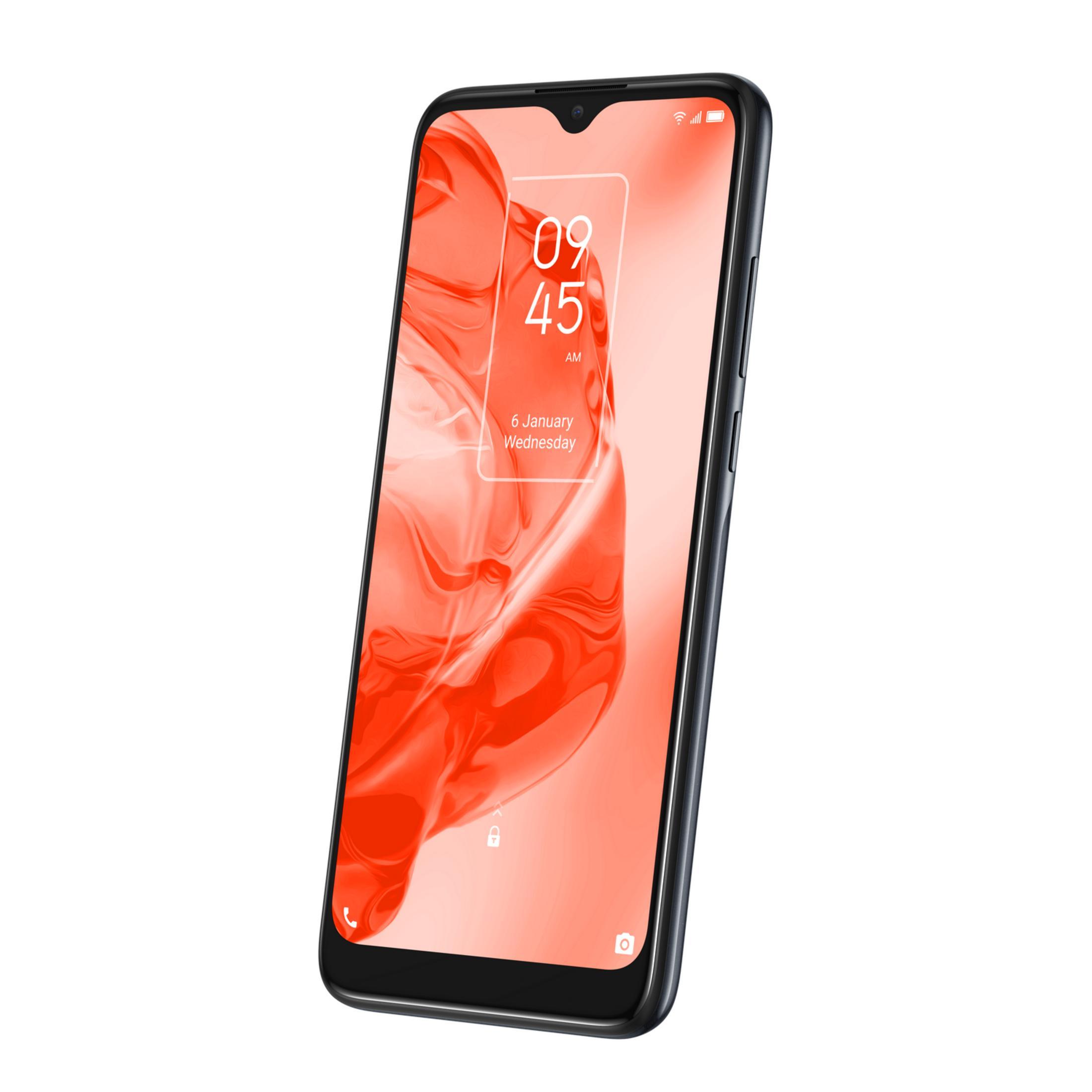 Uno smartphone scuro con uno sfondo astratto rosso sulla schermata di blocco.
