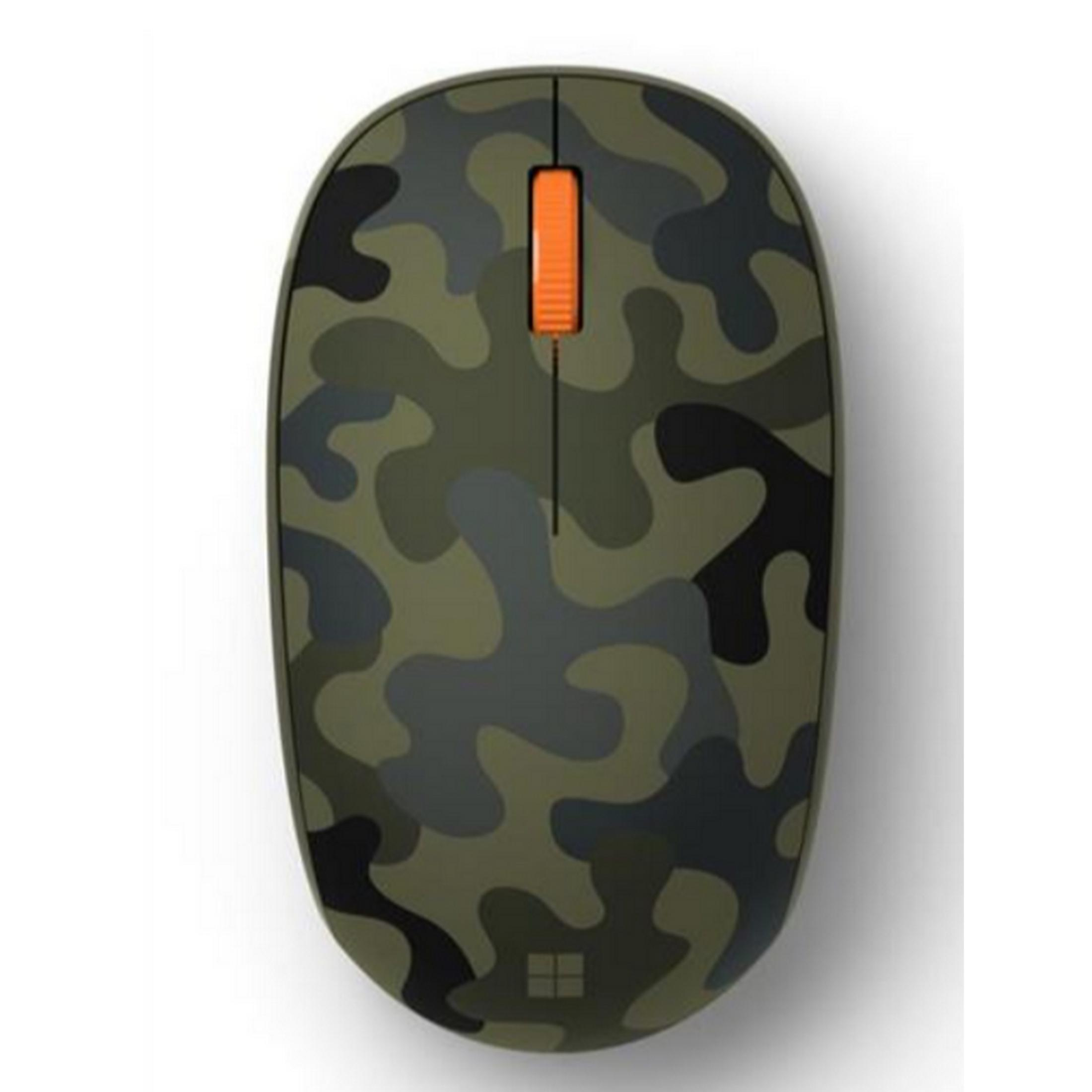 Un ratón con patrón de camuflaje en verde oliva, negro y gris, con rueda naranja.