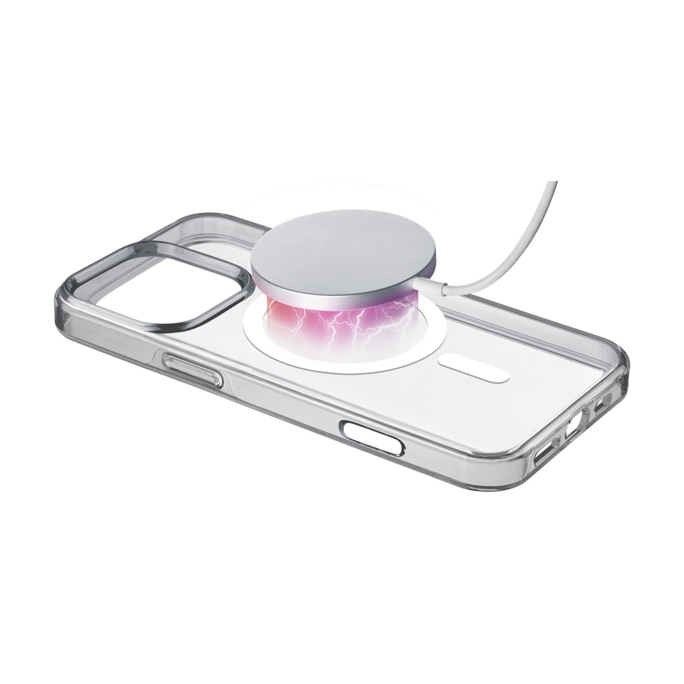 Una cover trasparente per telefono con caricatore magnetico.