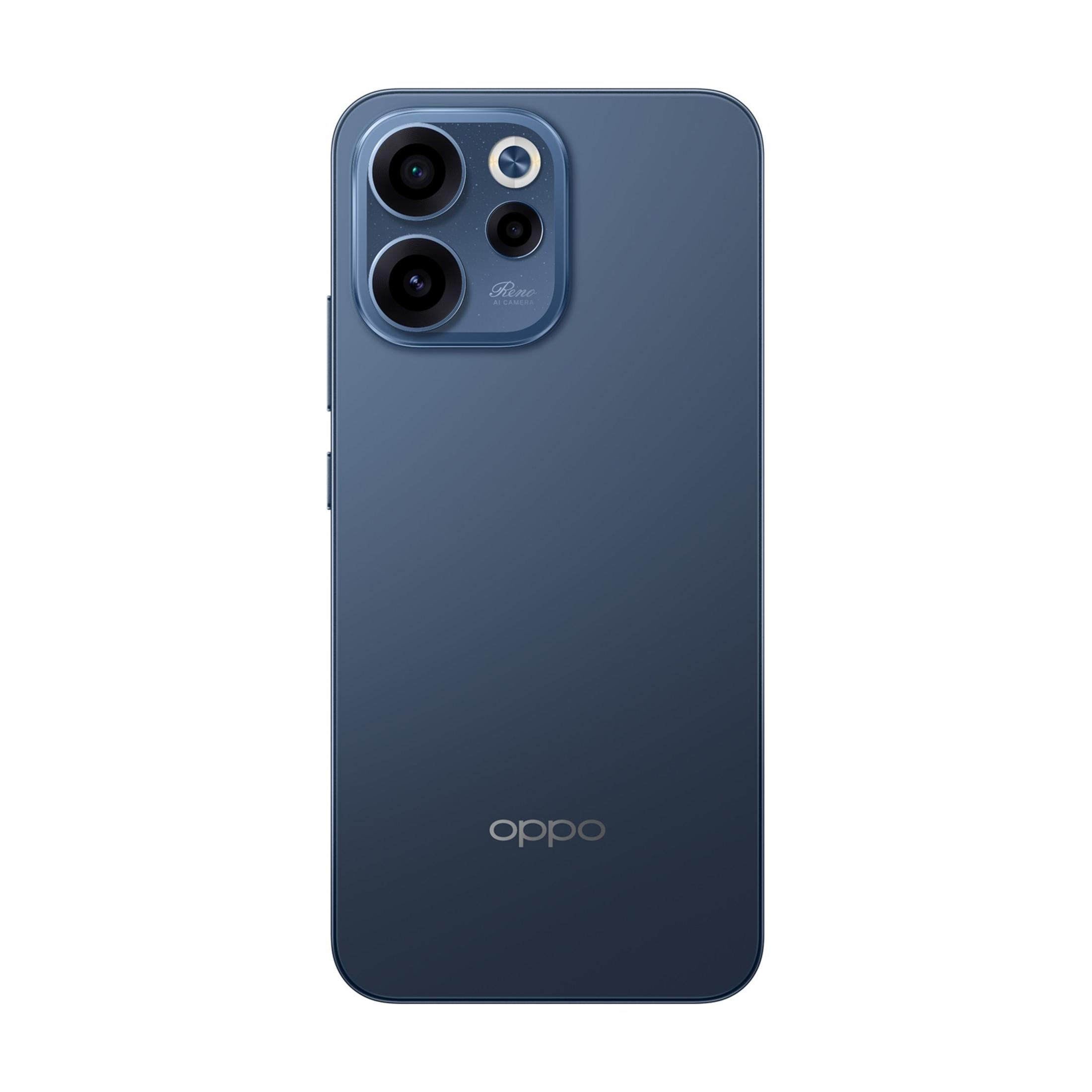 Tył niebieskiego smartfona Oppo z potrójnym aparatem i logo Oppo.