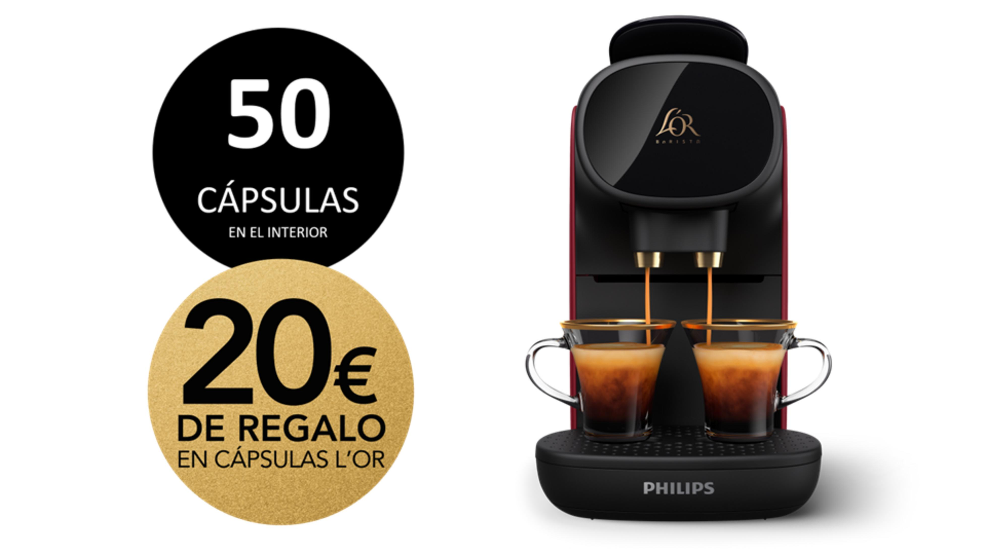 Rote Philips-Kaffeemaschine brüht zwei Espressotassen. 50 Kapseln, 20€ Geschenkangebot.
