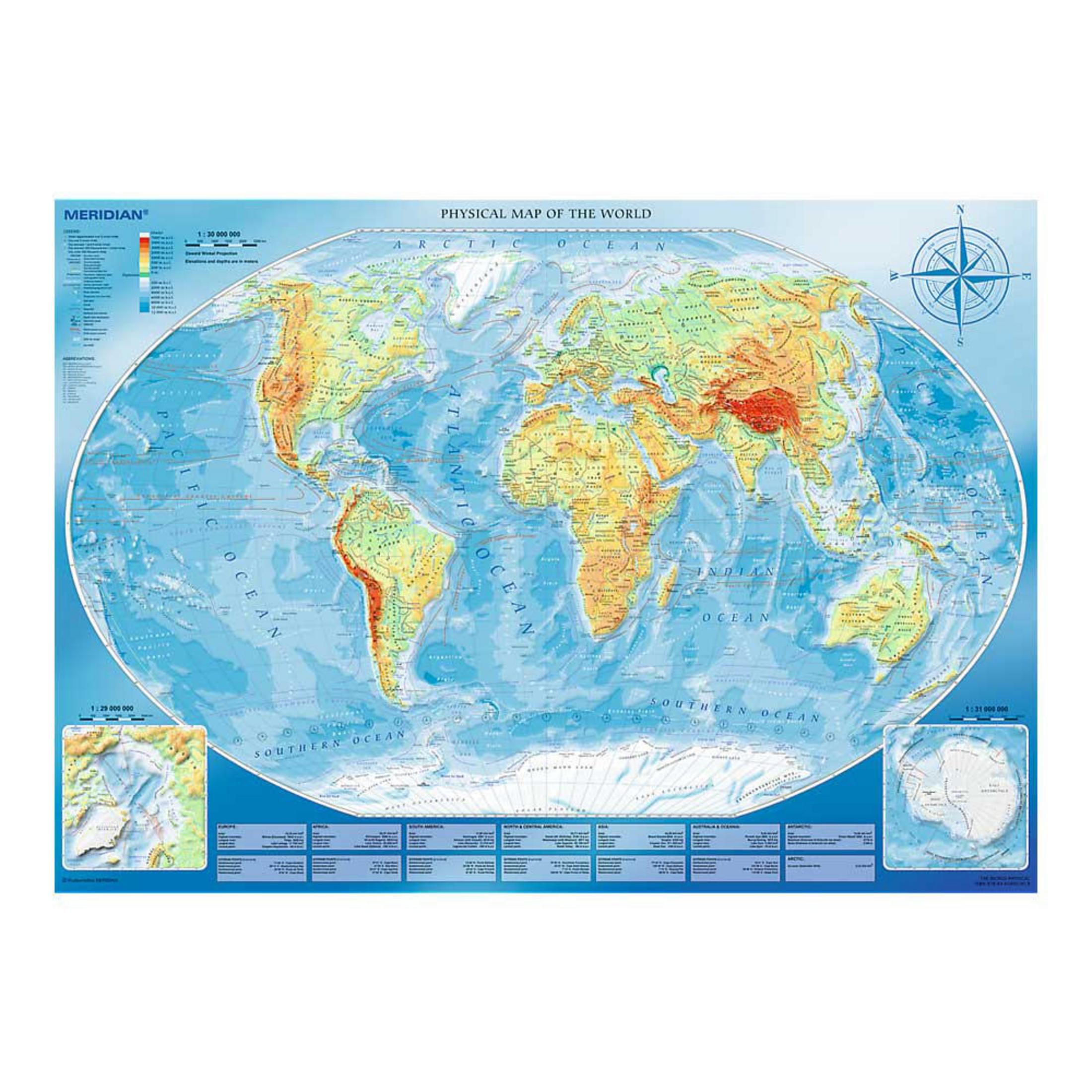 Mapa físico del mundo que muestra continentes, océanos y diferencias de elevación.