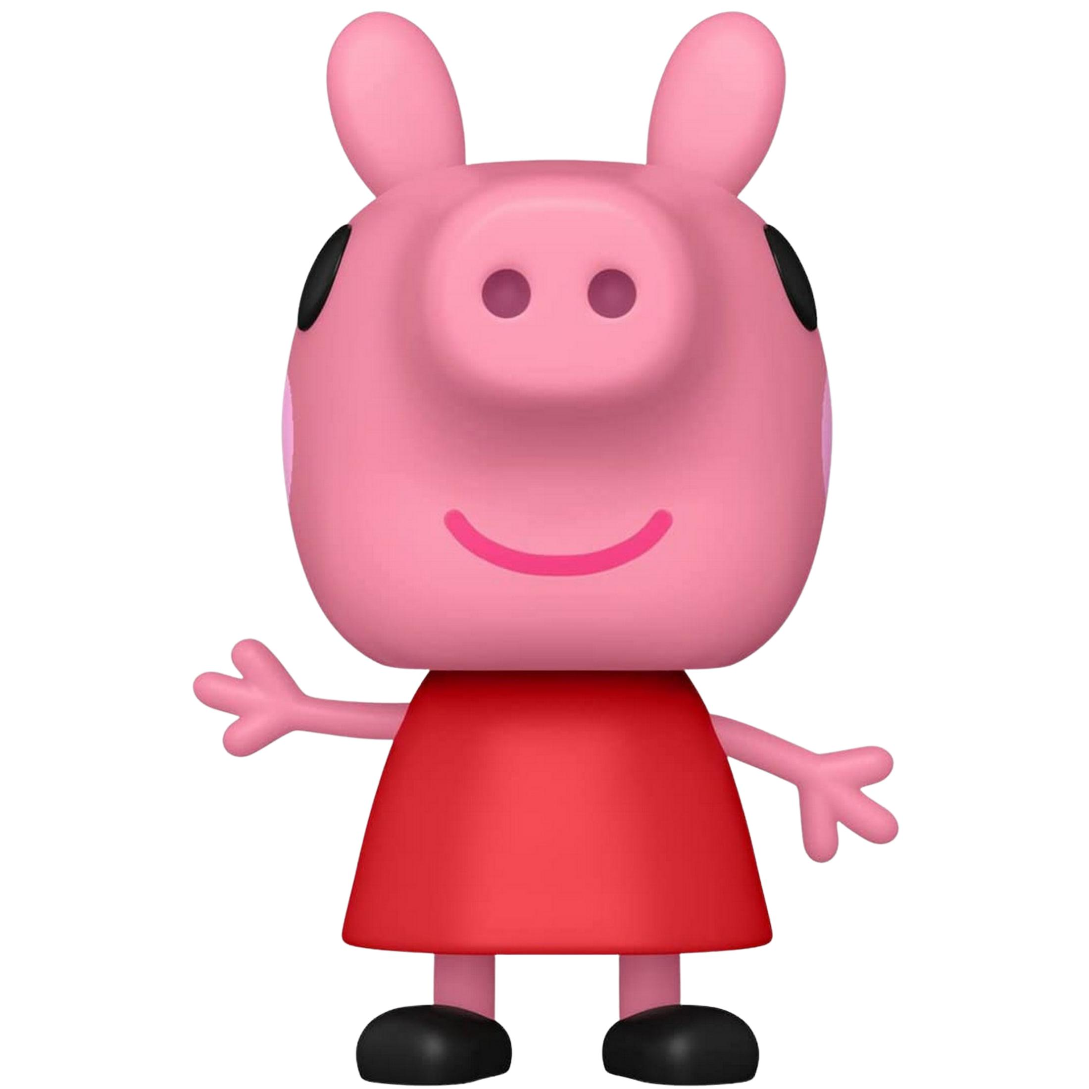 Un personaggio rosa con vestito rosso e scarpe nere.