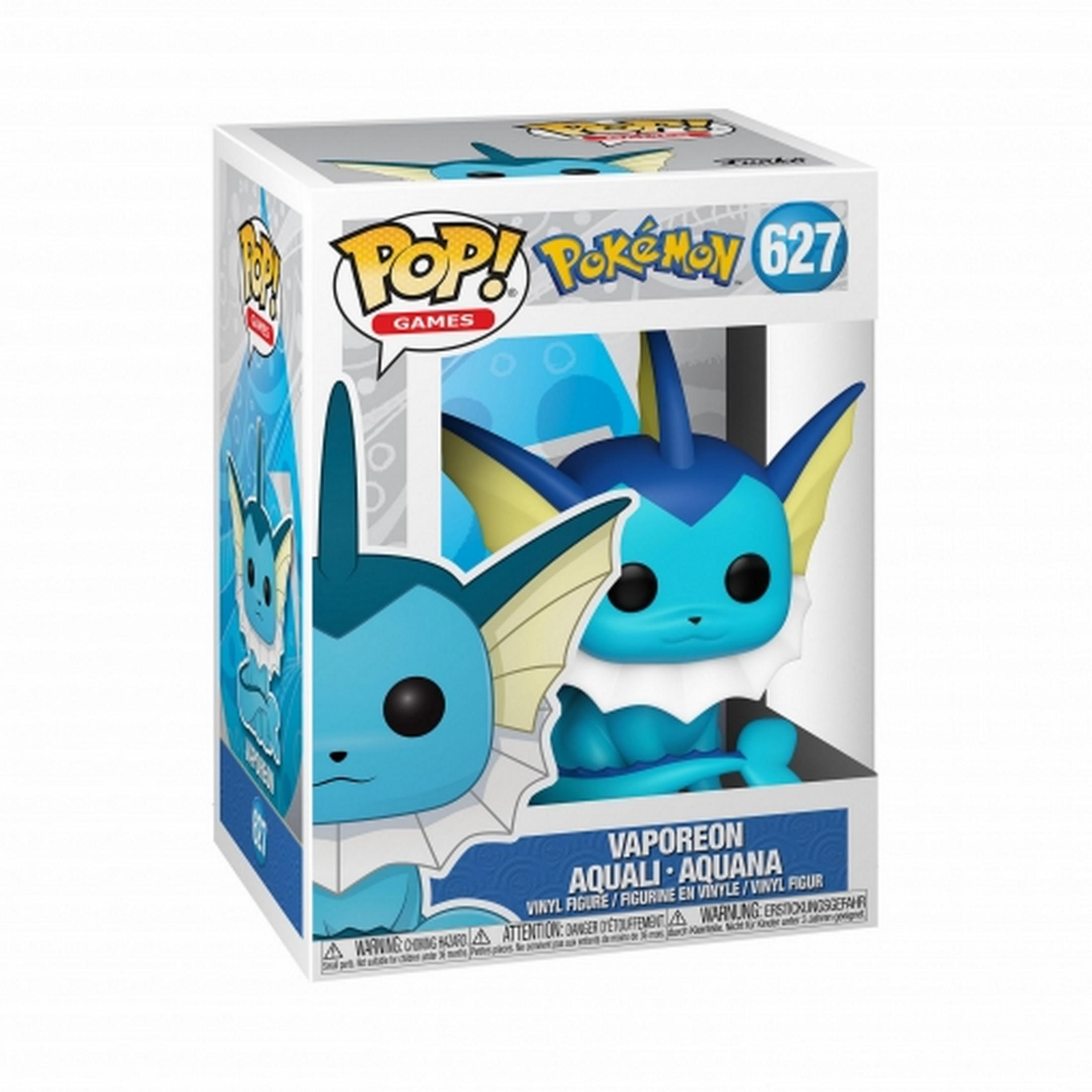 Un vinile Funko Pop Vaporeon blu in una scatola con logo Pokémon.