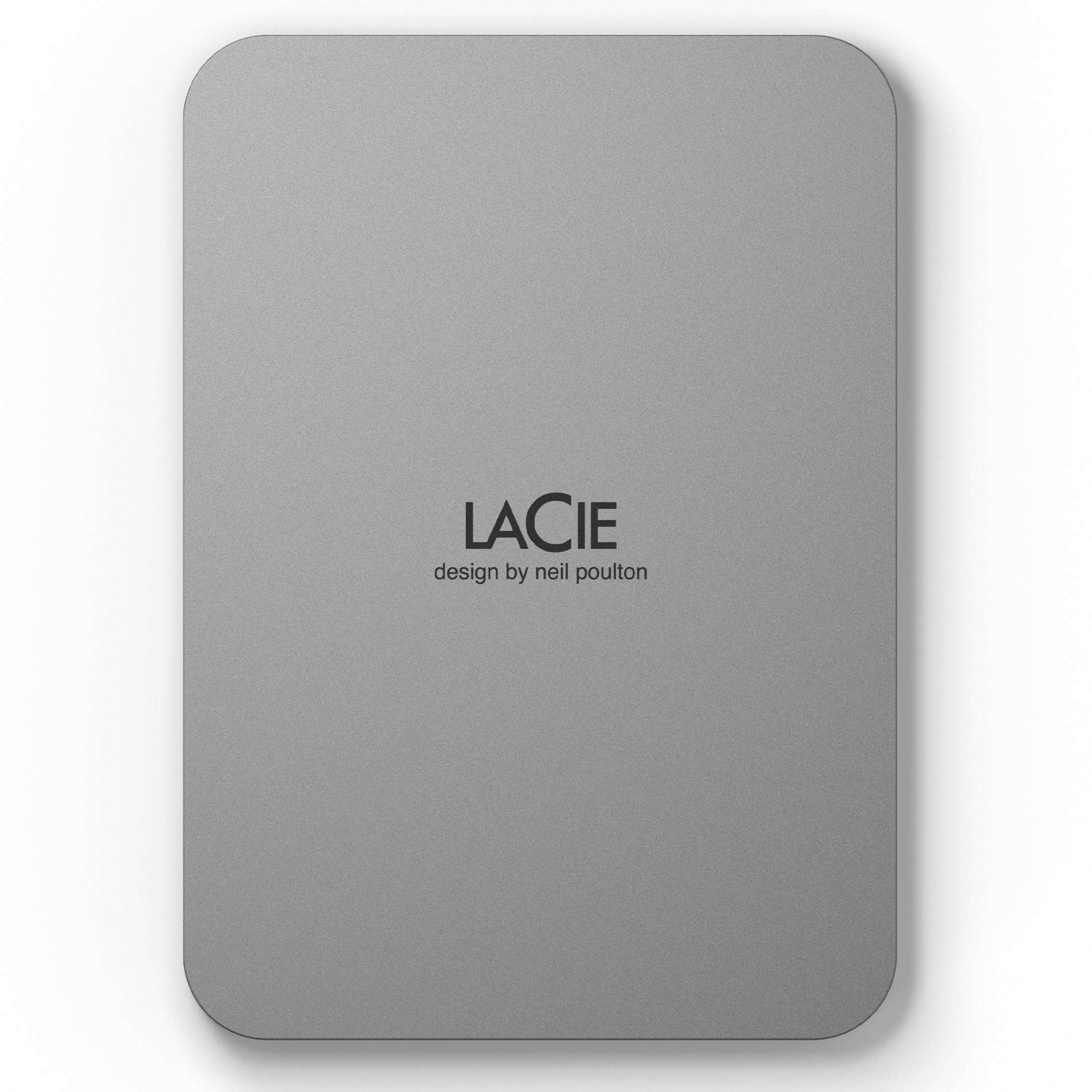 Drive LaCie grigio con design Neil Poulton, su sfondo bianco.