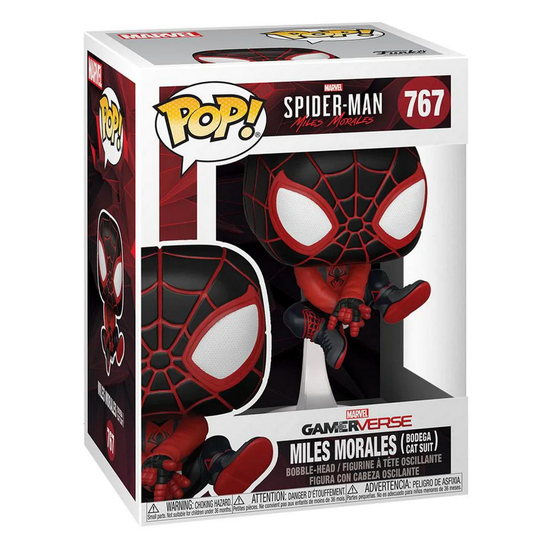 Action figure Funko Pop! di Miles Morales in costume da gatto di Spider-Man, n. 767, in scatola.