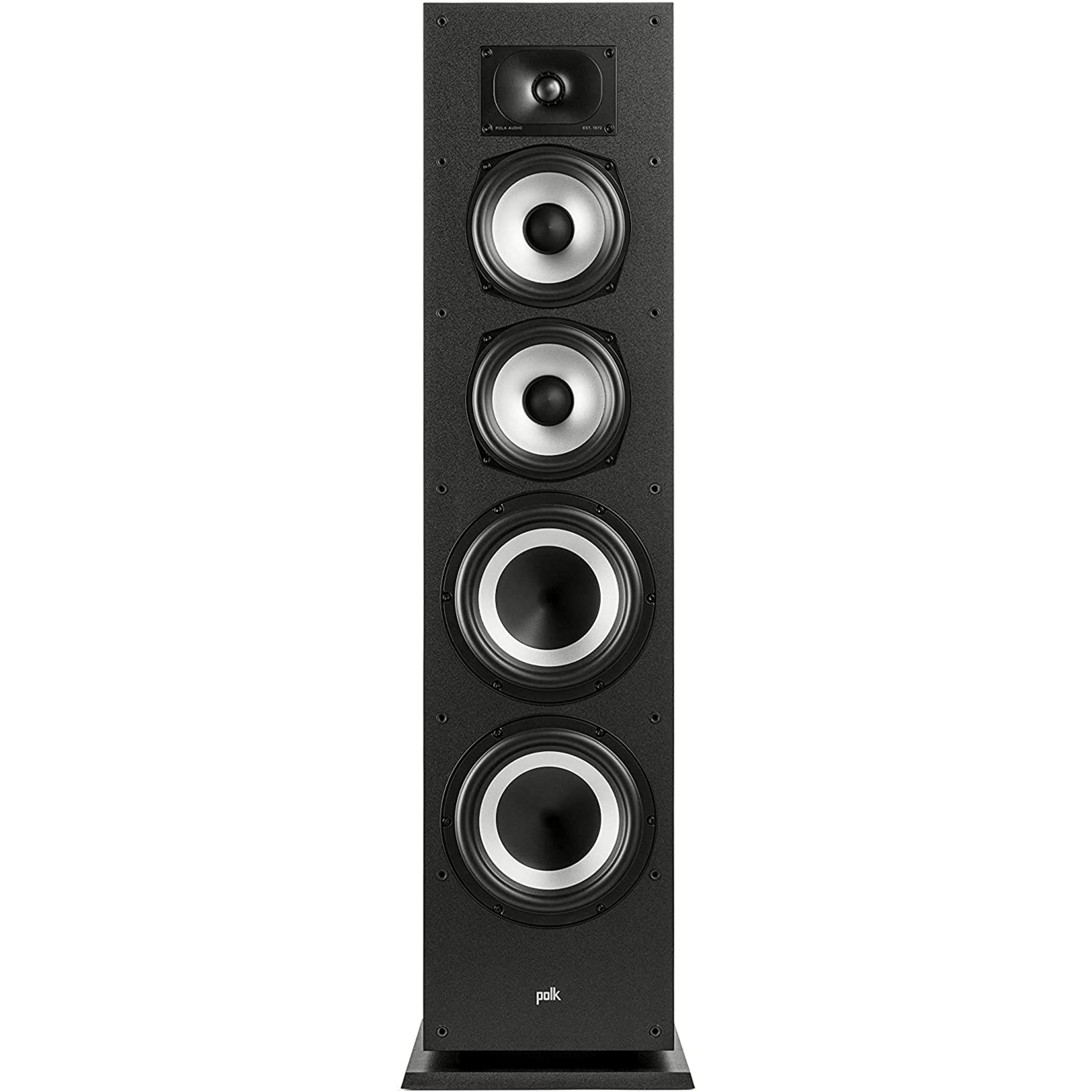 Altavoz de suelo Polk Audio negro con cuatro drivers y un tweeter.