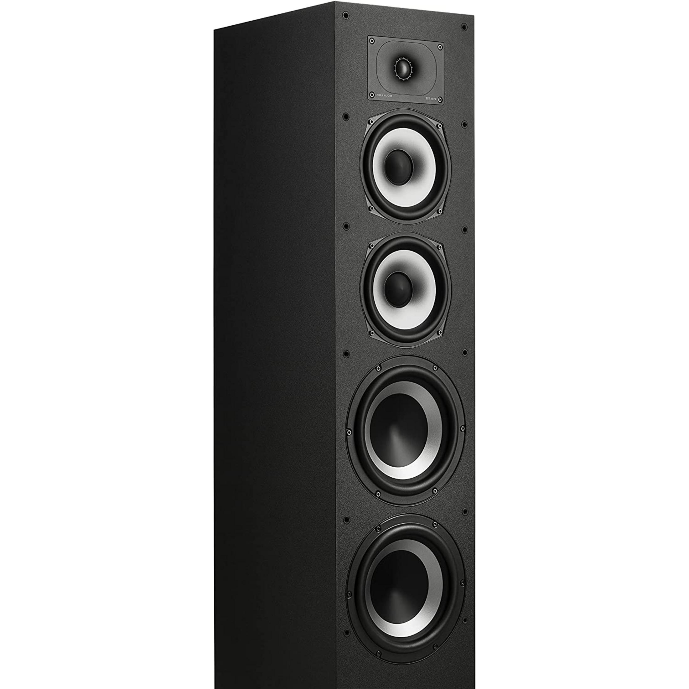 Altavoz de suelo negro con cinco transductores: tres woofers y un tweeter.