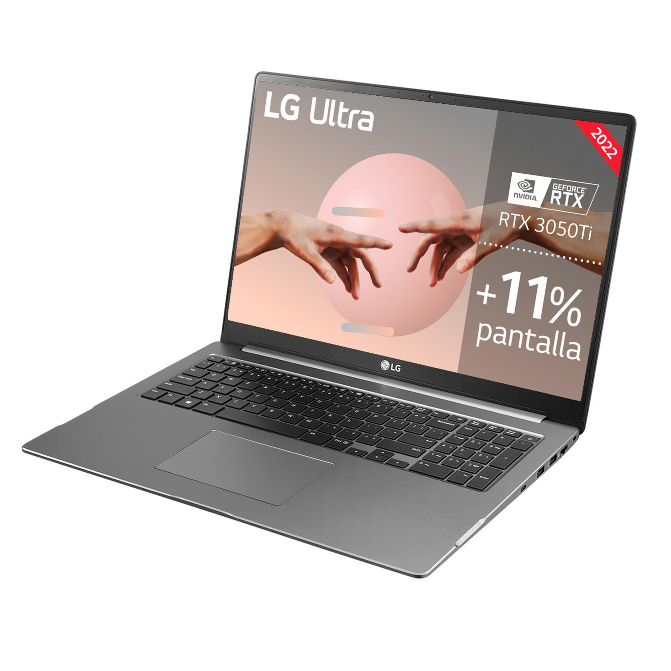 Portátil LG Ultra gris con gráficos RTX 3050 Ti y pegatina 2022 en pantalla.