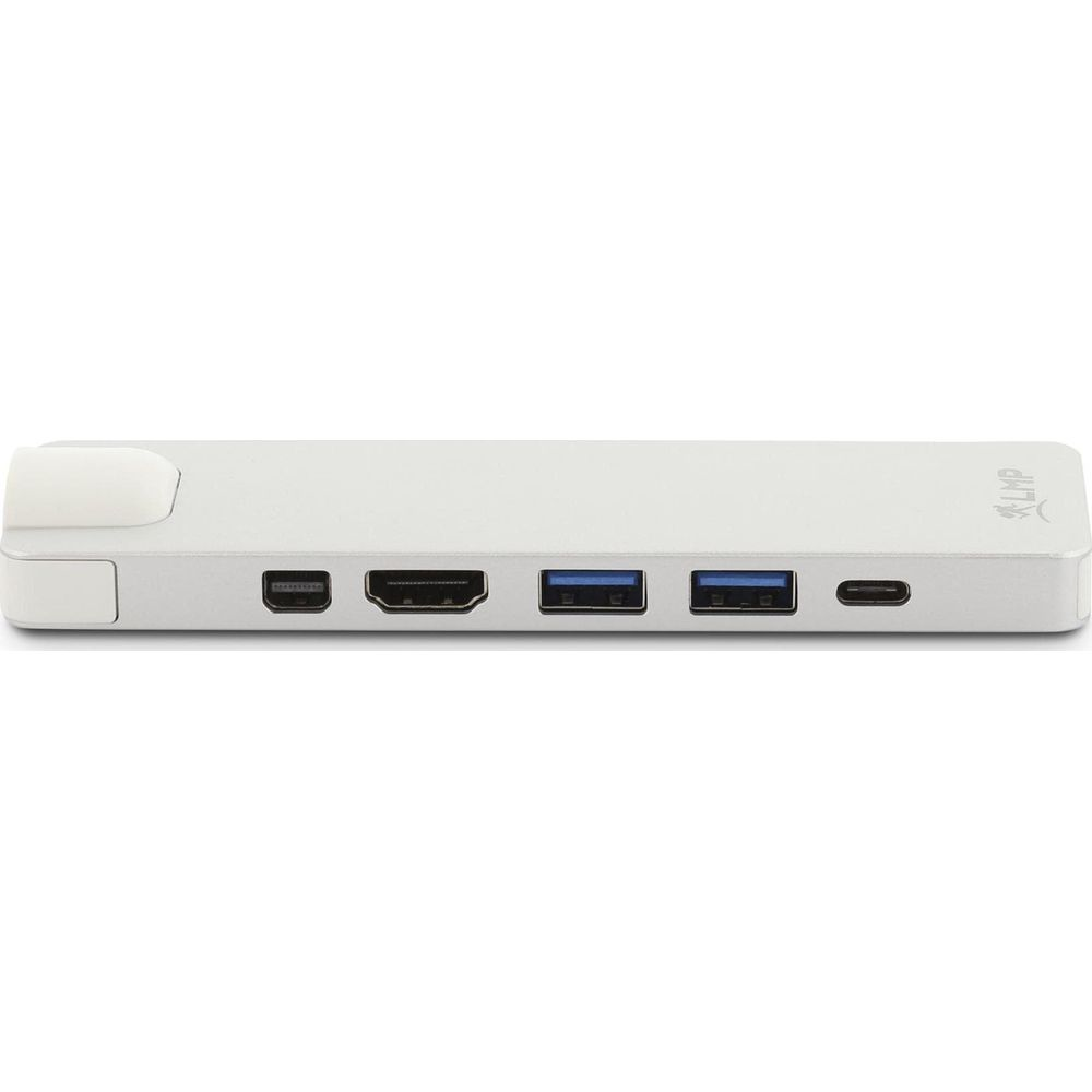 Un'elegante dock USB-C argentata con porte HDMI, USB-A e USB-C.