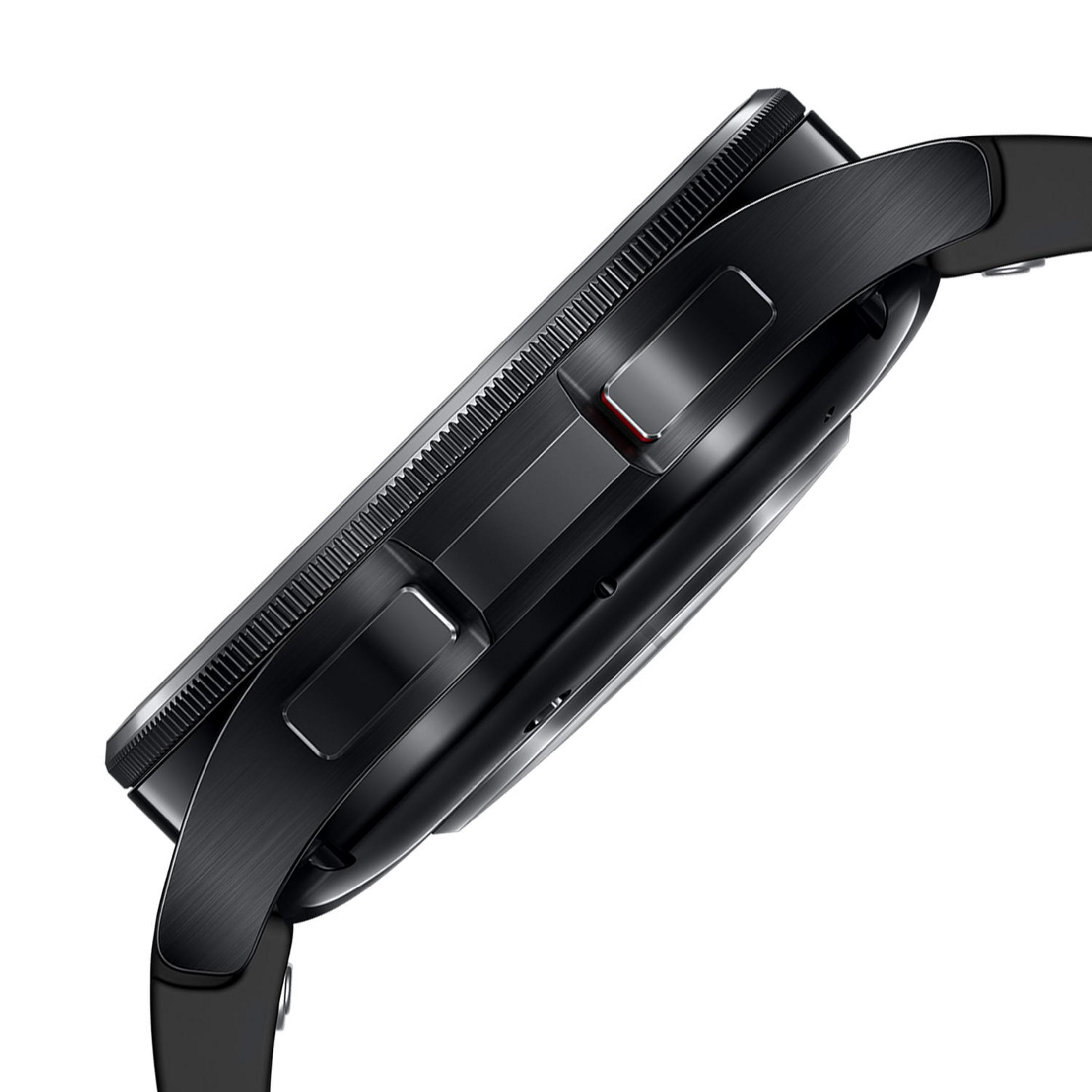 Smartwatch nero con lunetta e cinturino su sfondo bianco.