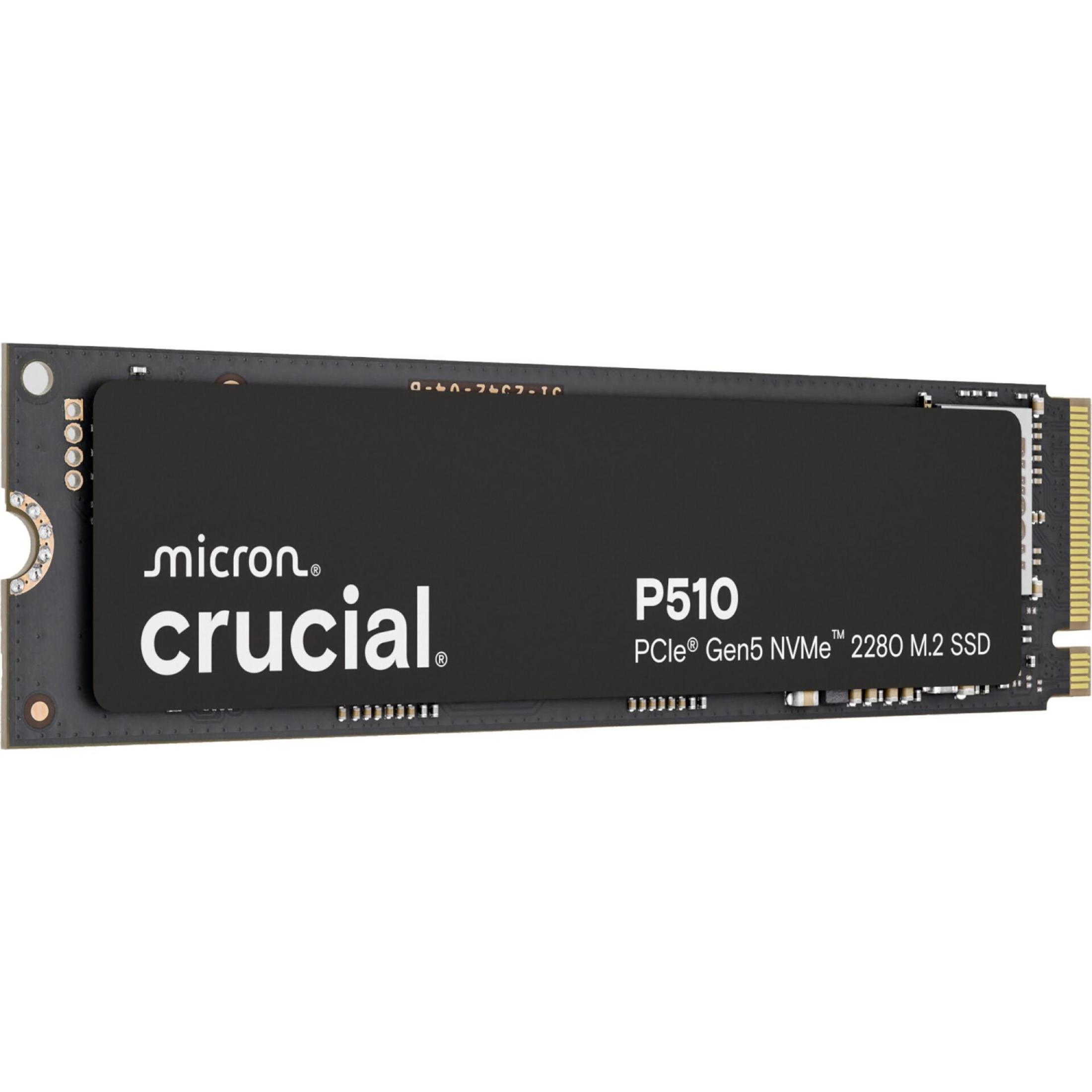 SSD M.2 Crucial P510 PCIe Gen5 NVMe 2280 con logo Micron su PCB nero.