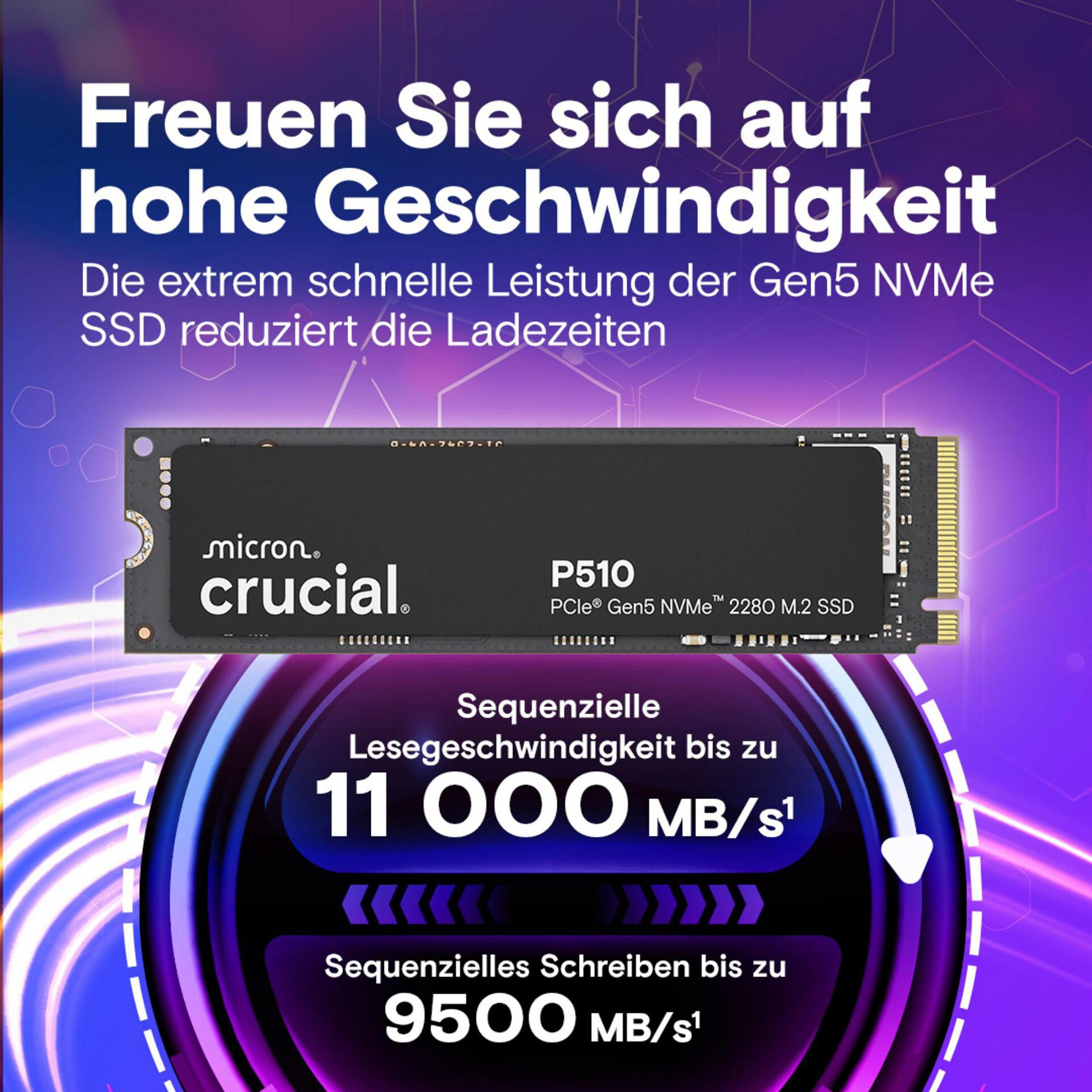 SSD Crucial P510 Gen5 NVMe M.2 con 11000 MB/s lettura, 9500 MB/s scrittura.