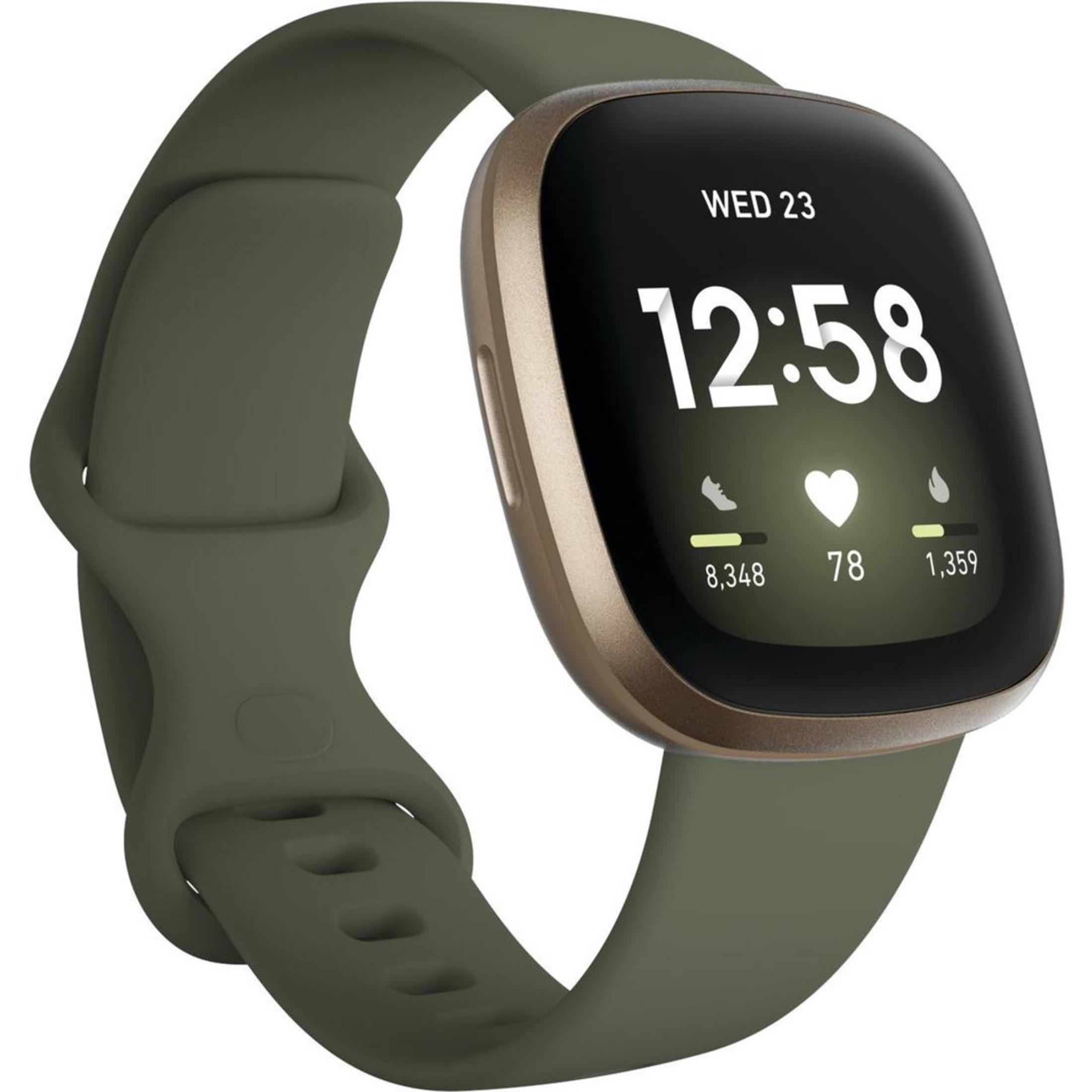 Grüne Smartwatch mit goldfarbenem Rahmen und dunklem Zifferblatt.
