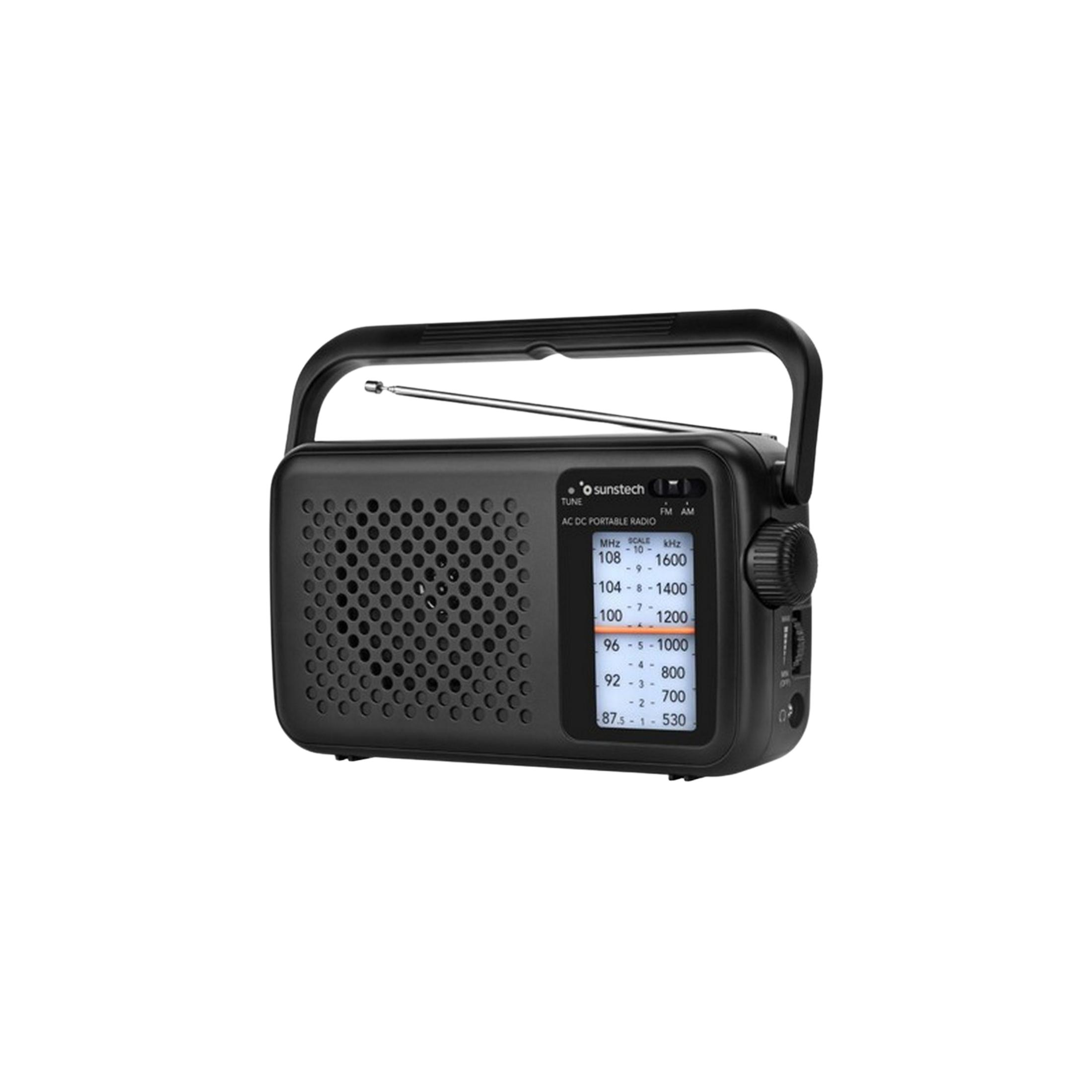 Radio portatile nera con antenna, altoparlante e display frequenza.