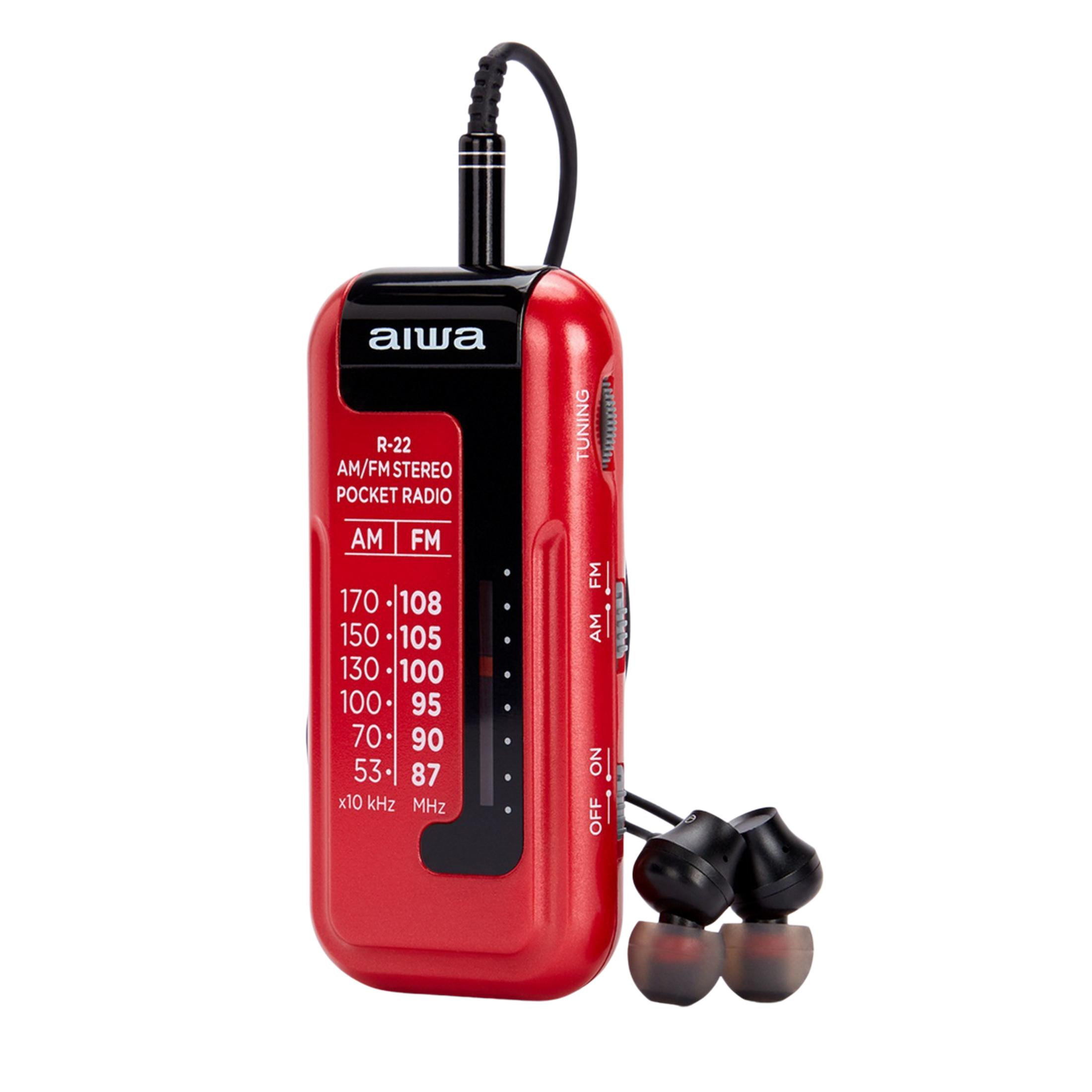 Una radio tascabile stereo rossa Aiwa R-22 AM/FM con auricolari e display di frequenza.
