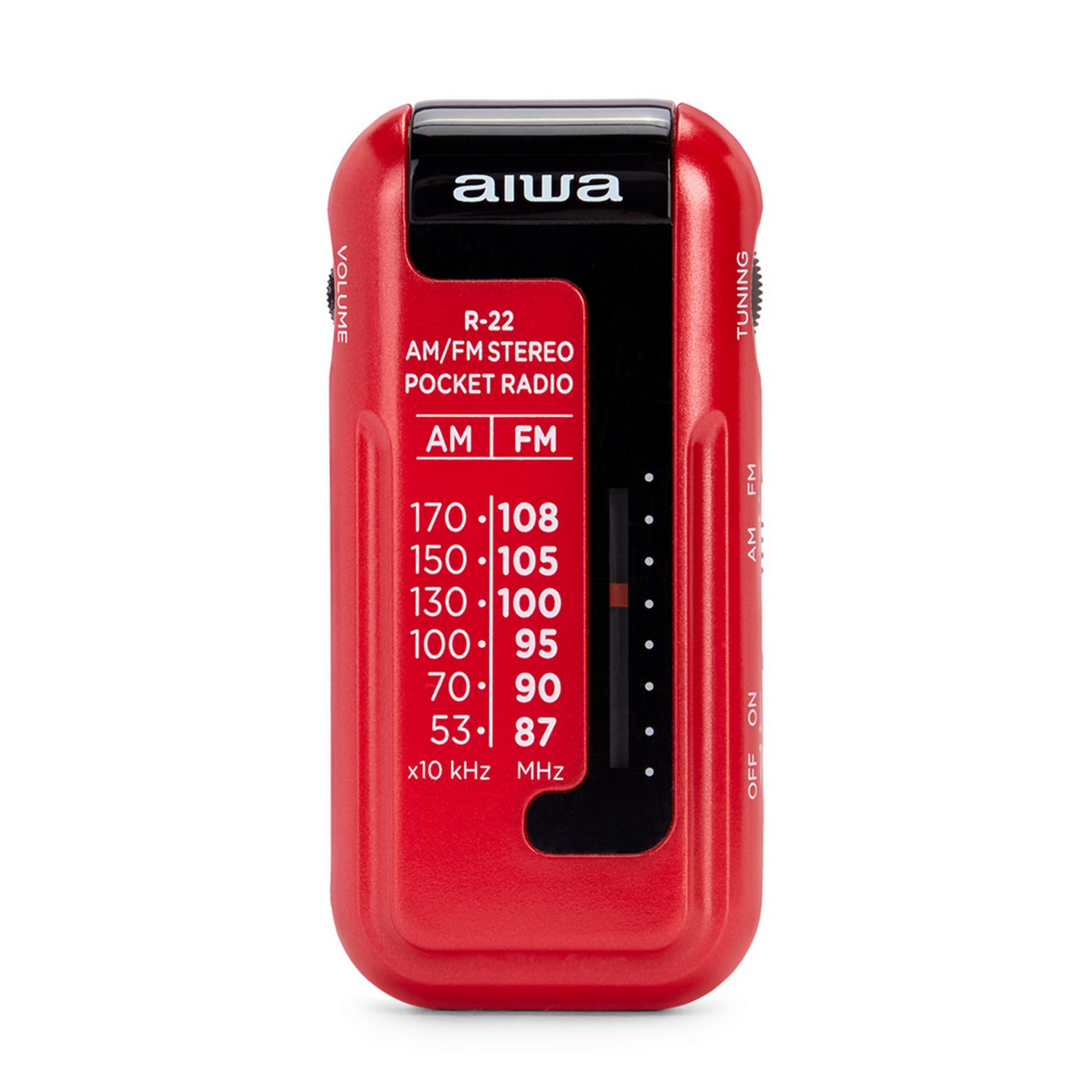 Una radio tascabile stereo AM/FM Aiwa rossa con controlli di volume e sintonia.