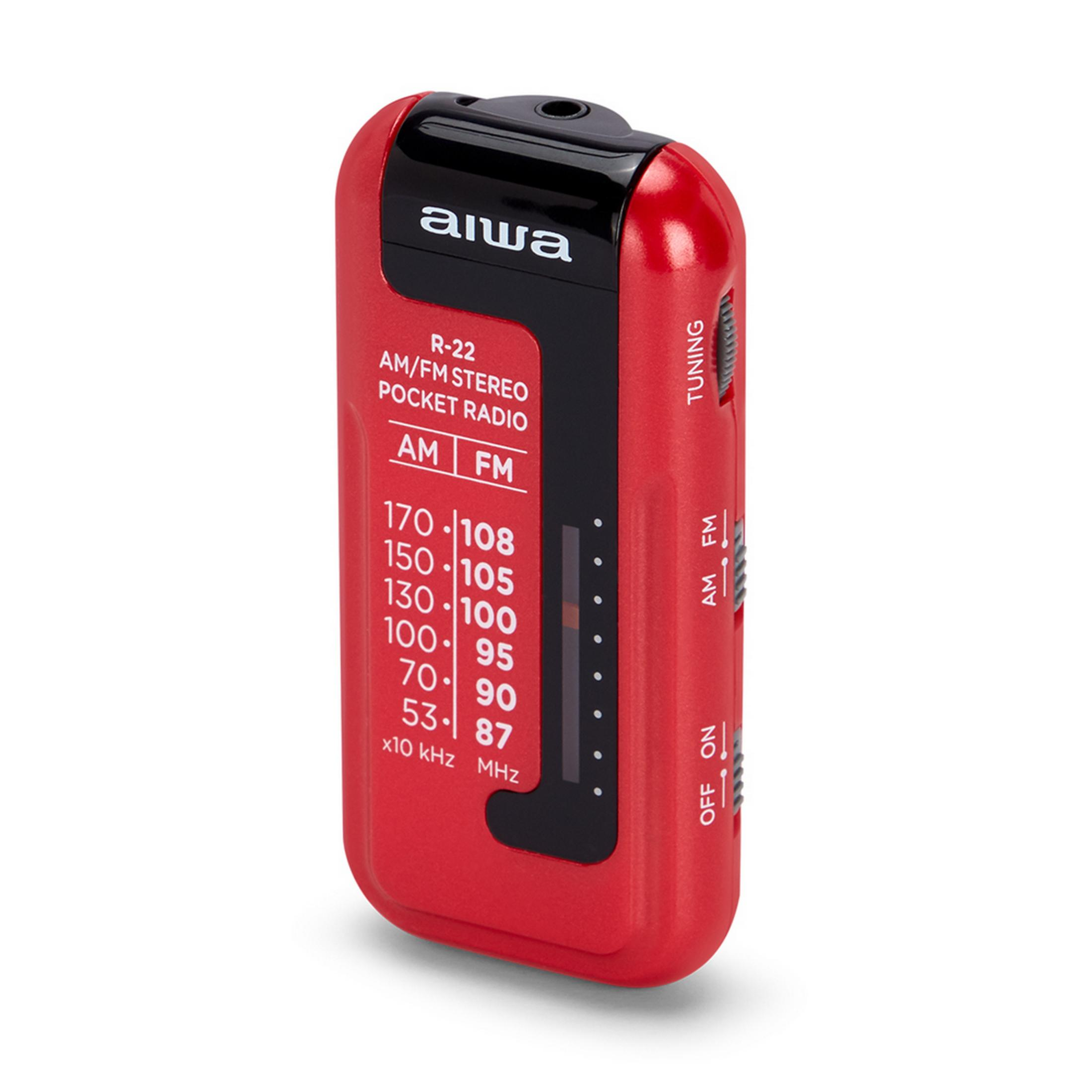 Una radio tascabile stereo Aiwa AM/FM rossa con controlli neri.