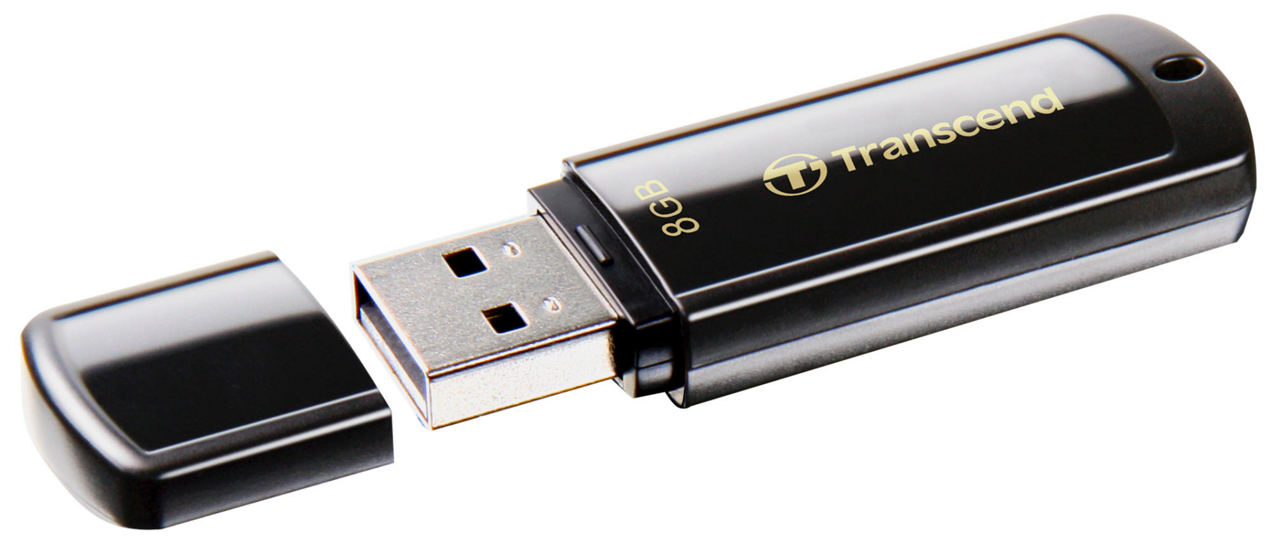 Penna USB Transcend nera da 8GB con cappuccio rimosso, connettore argento.