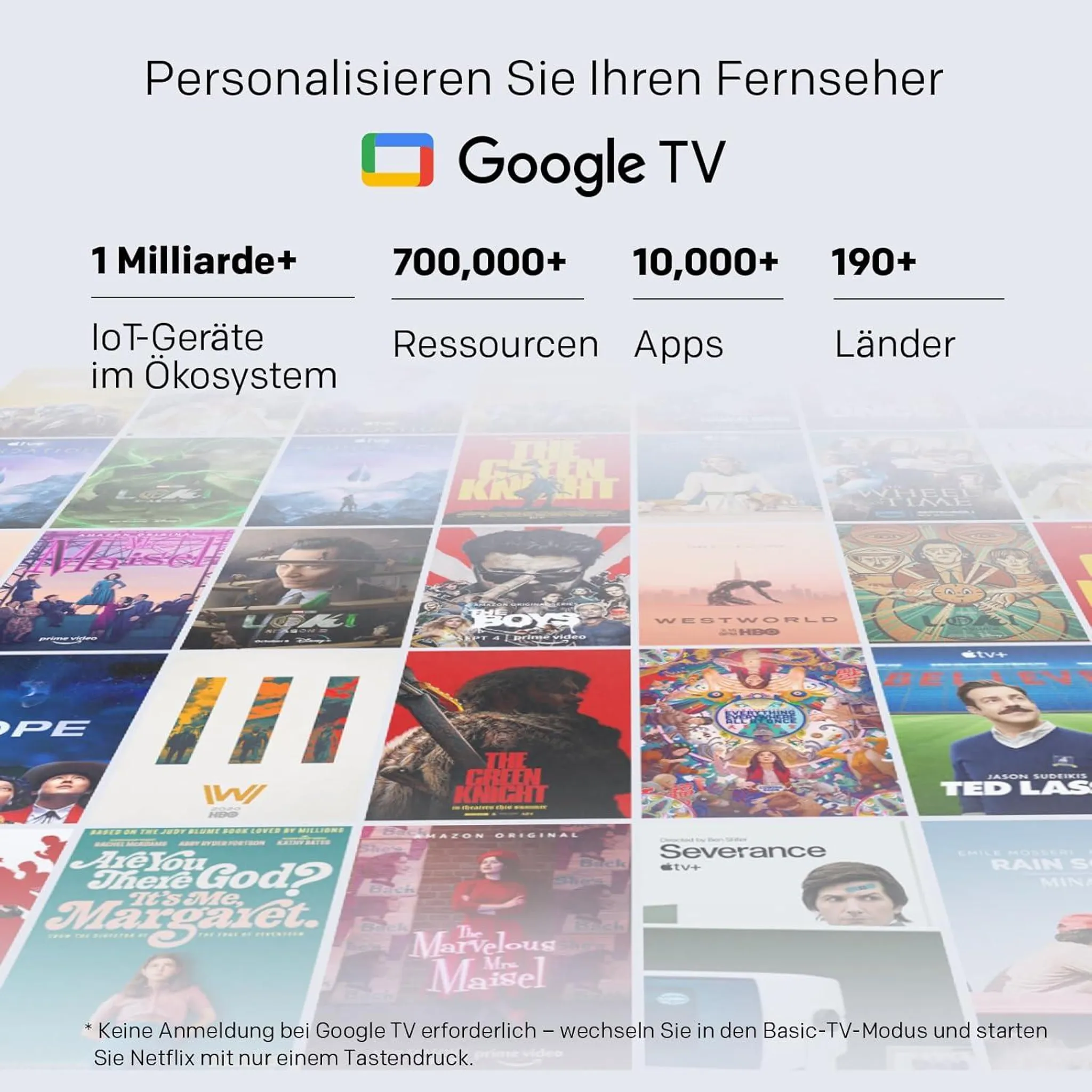 Google TV con poster di film e statistiche sulla personalizzazione.