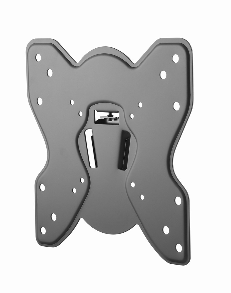 Gray metal wall mount with many holes and hooks.