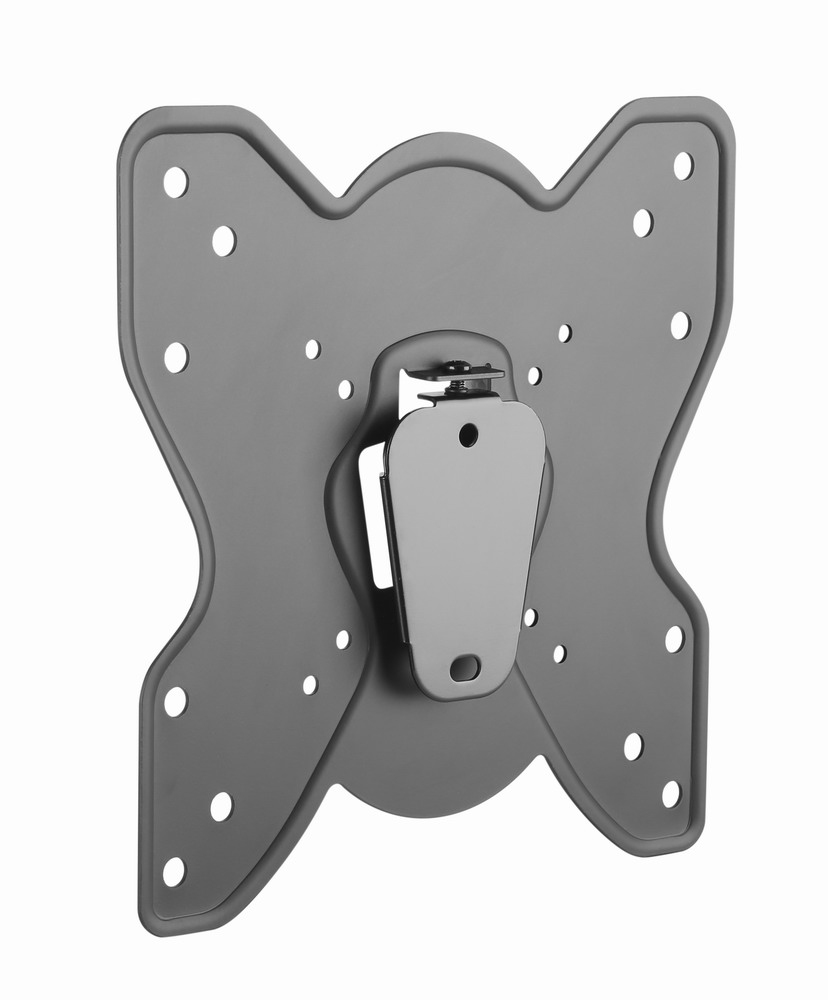 Gray wall mount with many holes and a hinge in the center.