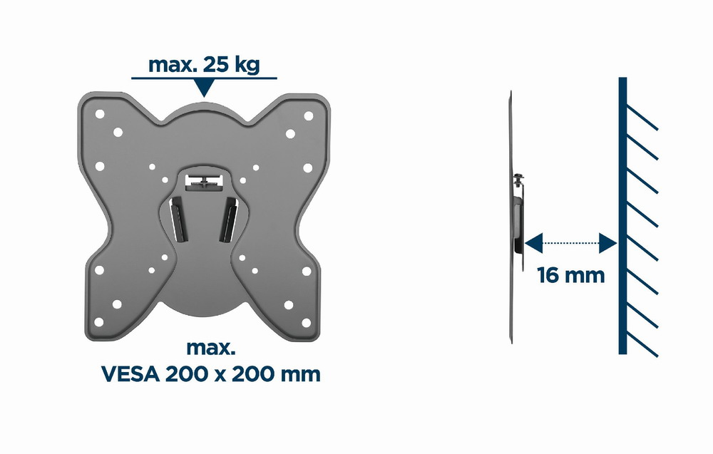 TV wall mount for max 25 kg, VESA 200x200 mm, 16 mm wall distance.