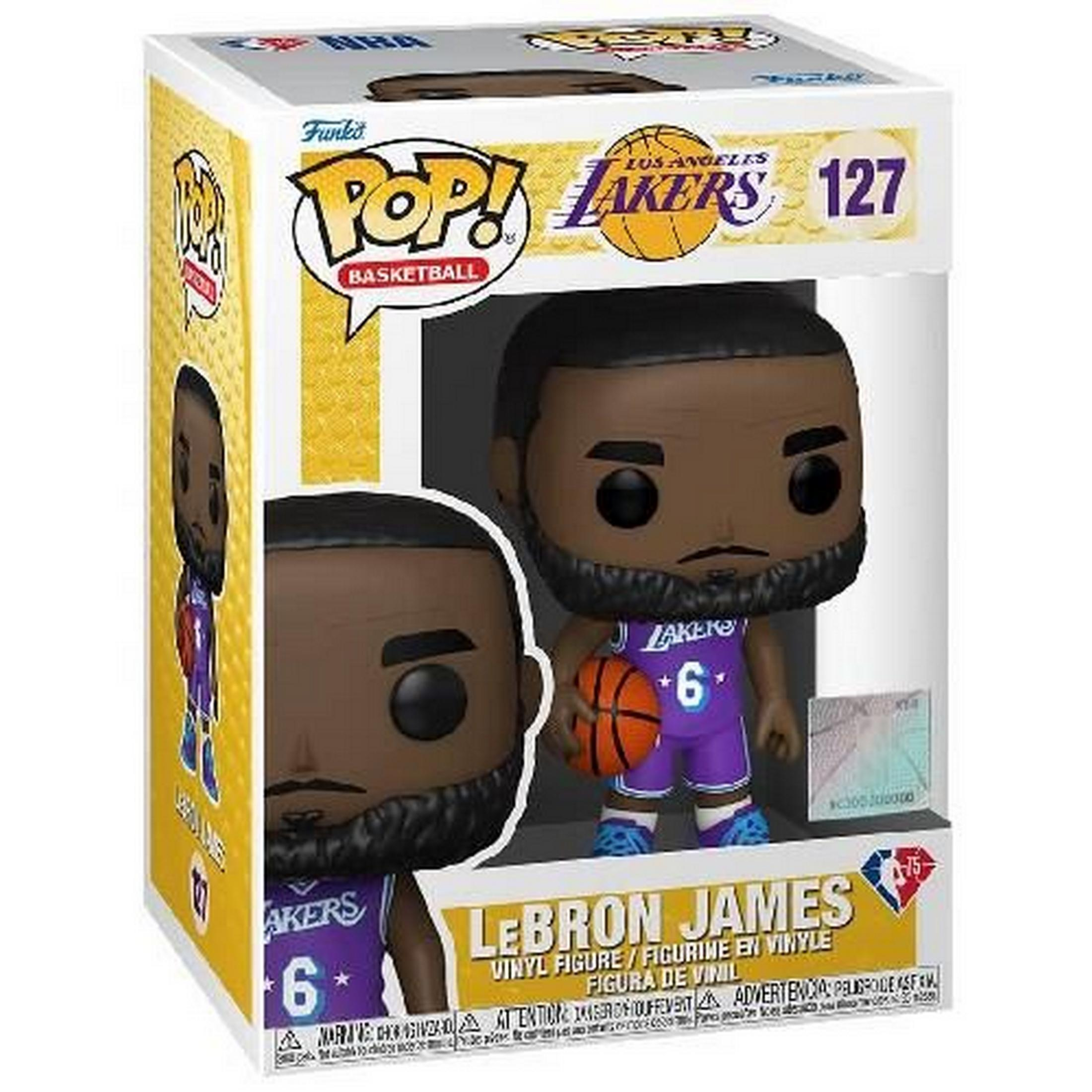 Funko Pop Figur LeBron James mit Basketball und Lakers-Trikot.