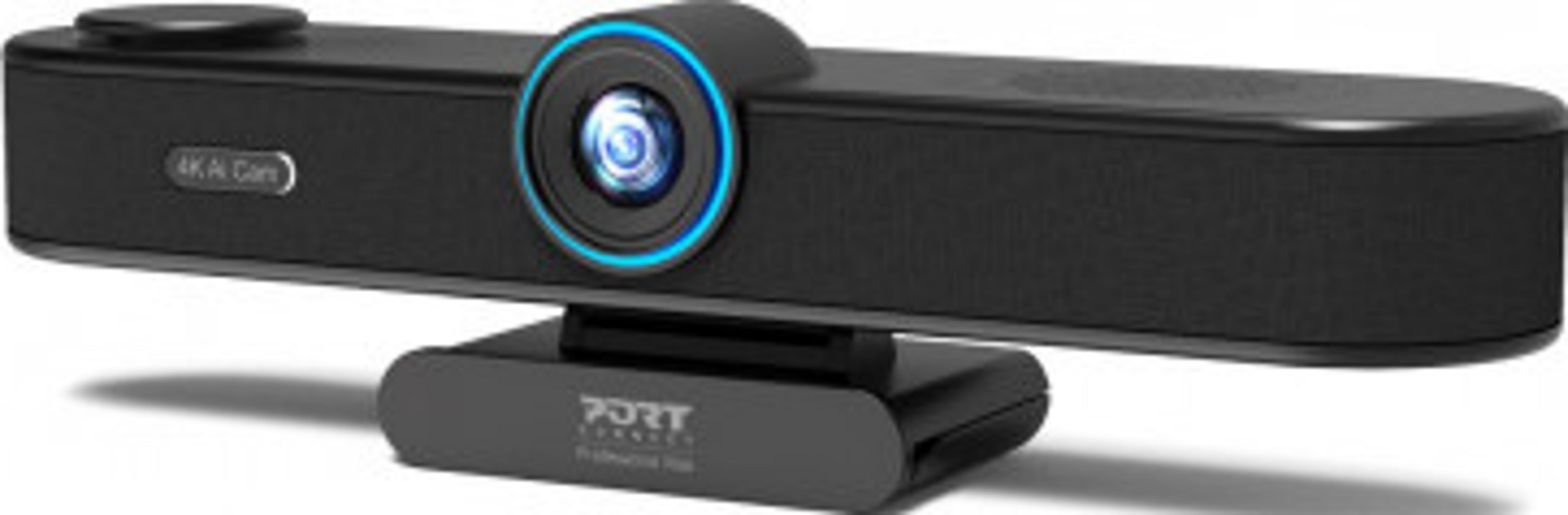 Eine schwarze 4K-Webcam mit blauem Lichtring um das Objektiv sitzt auf einem Ständer.