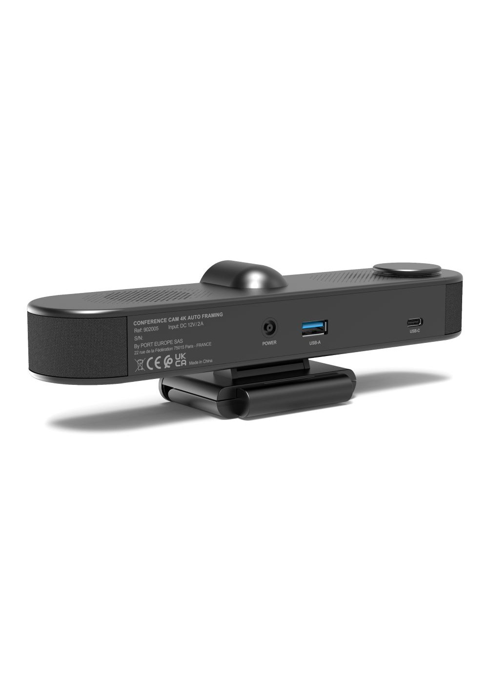 Schwarze 4K-Konferenzkamera mit USB-A, USB-C und Stromanschluss, auf Ständer.