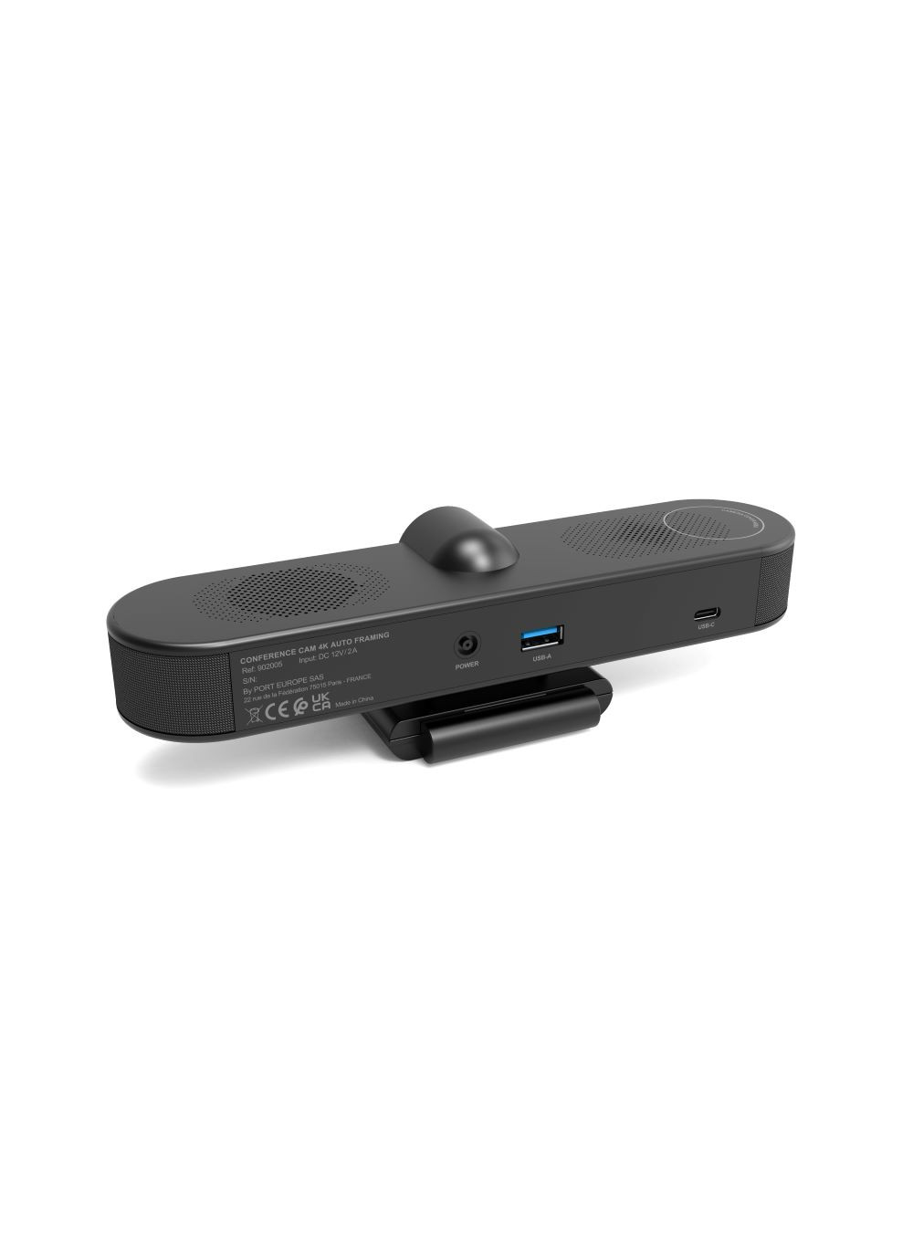 Schwarze Konferenzkamera mit Lautsprechern, USB-A/C-Anschlüssen und Kamerahalterung.