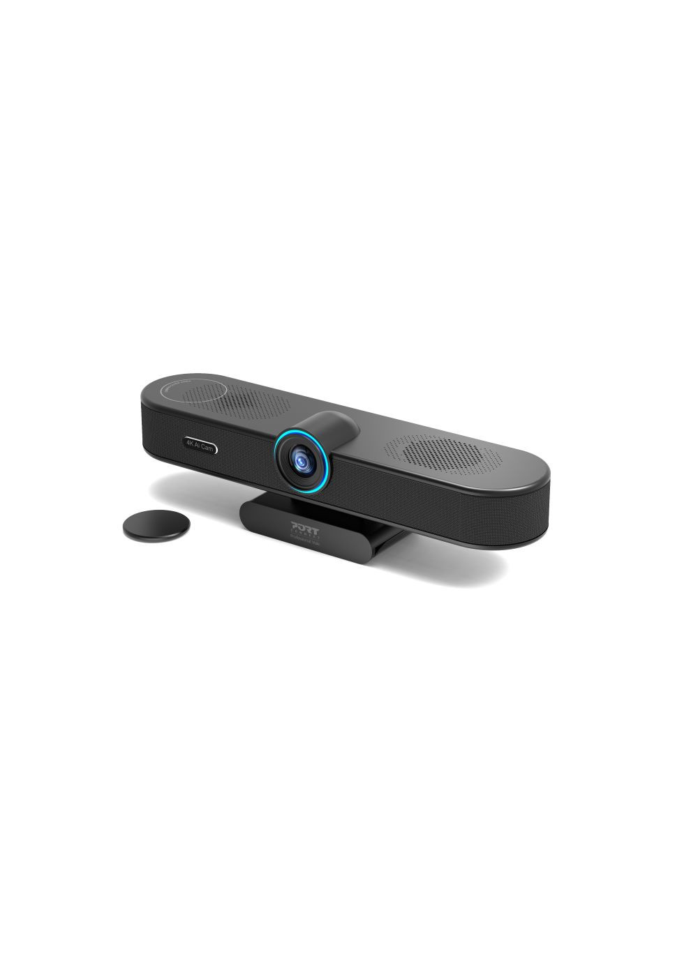 Schwarze 4K-KI-Kamera mit Ringlicht und Lautsprechern auf einem Ständer.