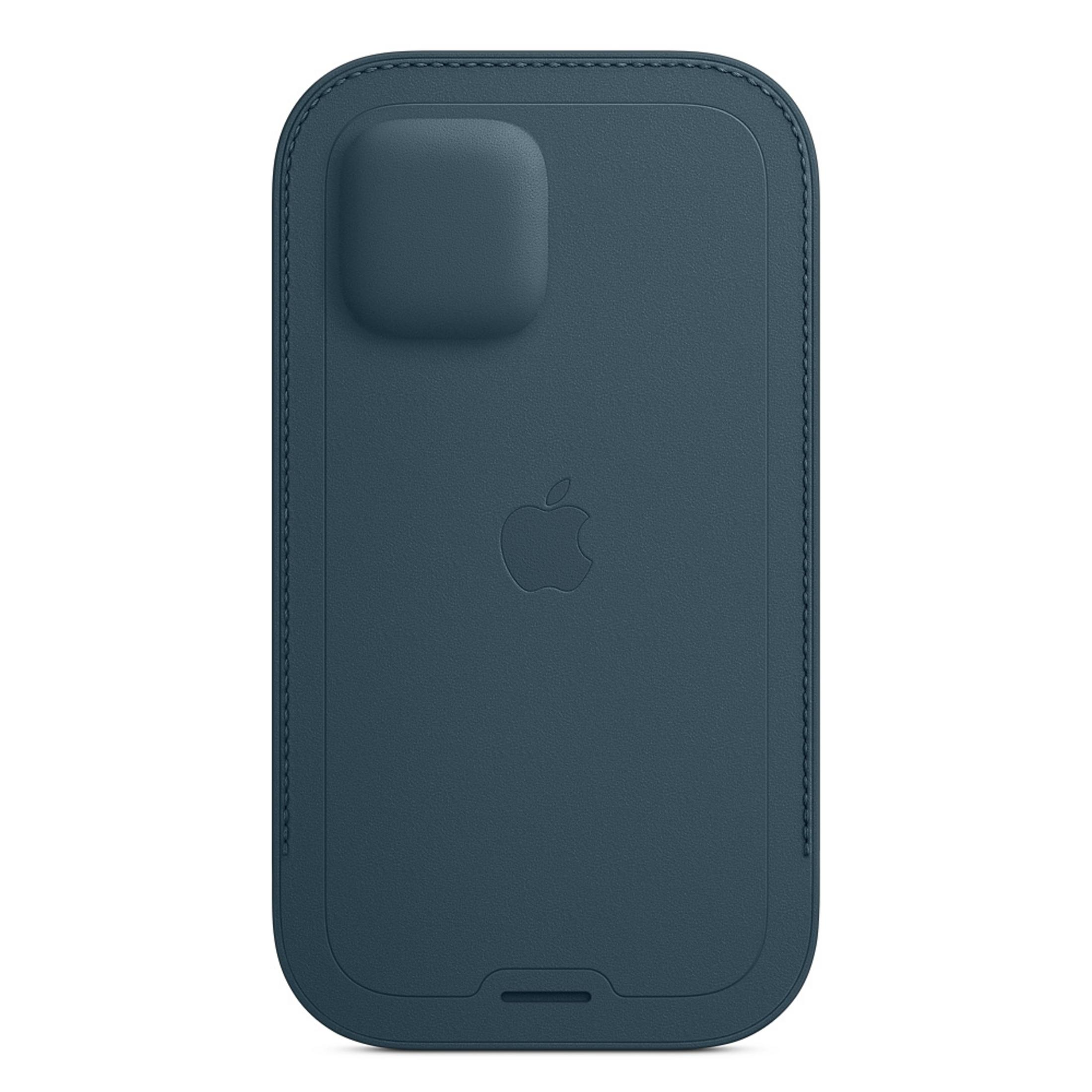 A dark blue leather iPhone case with an embossed Apple logo and camera module.