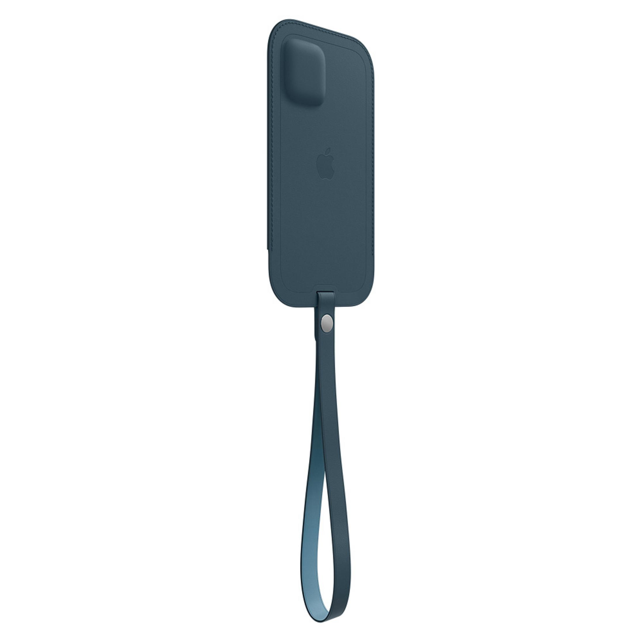 Dark blue leather case with Apple logo and wrist strap.