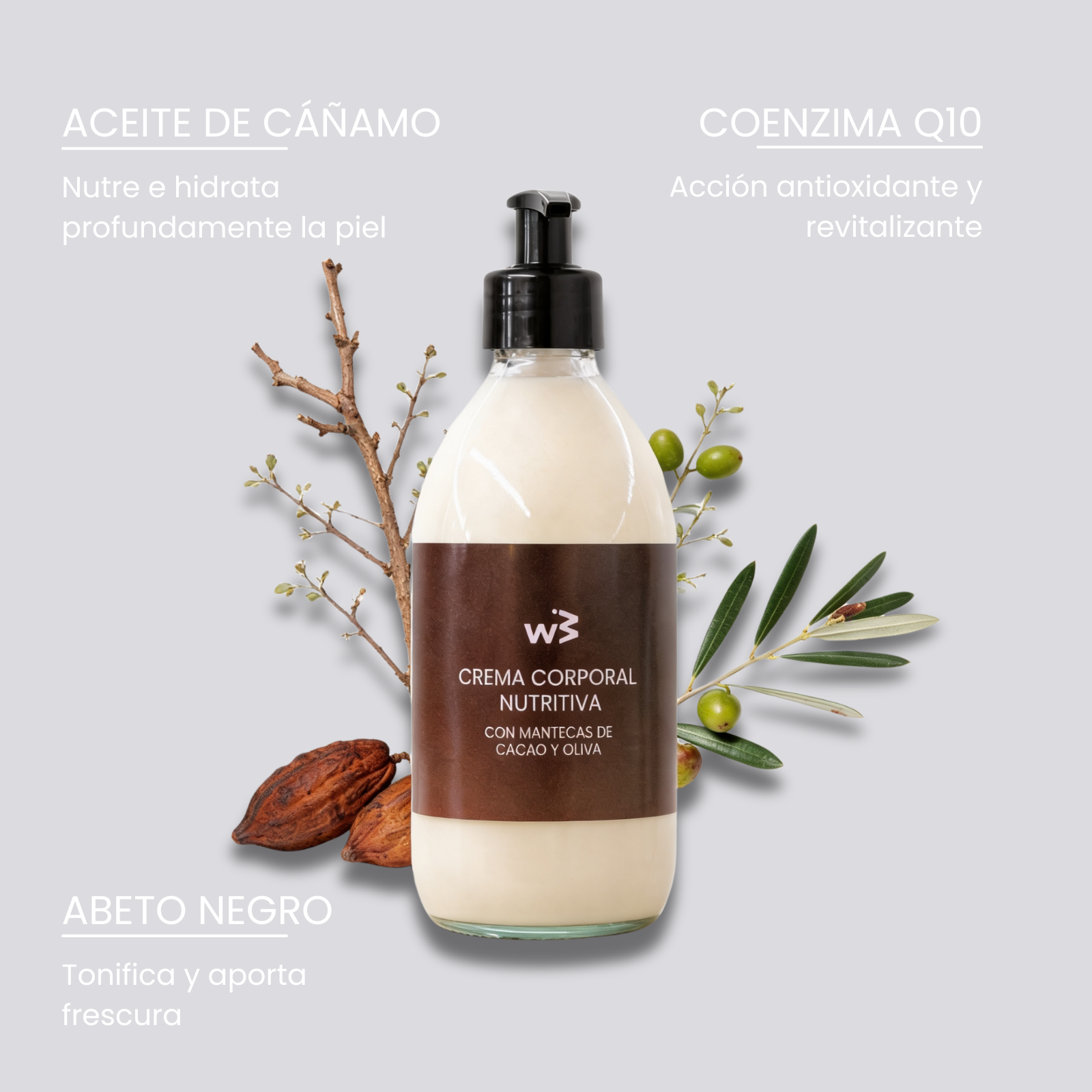 Botella de crema corporal con cacao, ramas de olivo y texto sobre fondo gris.