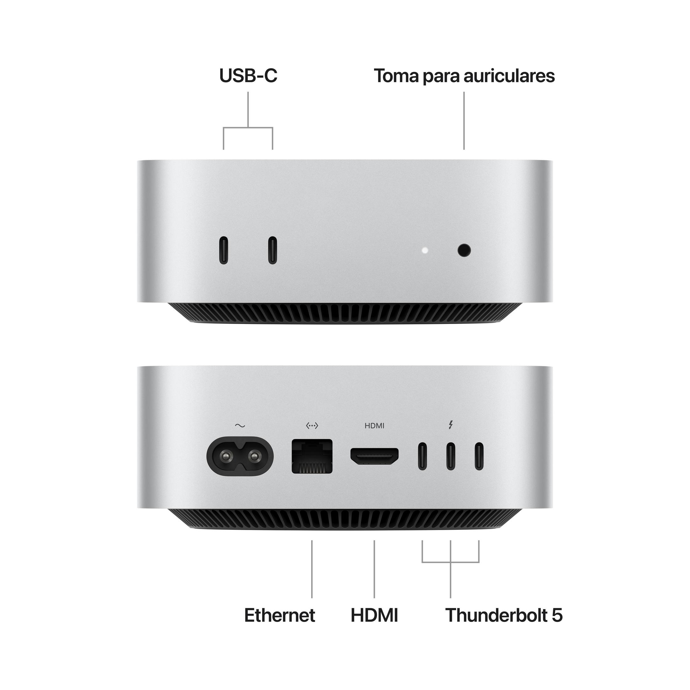 Mac mini argentato con porte etichettate: USB-C, cuffie, Ethernet, HDMI, Thunderbolt 5.