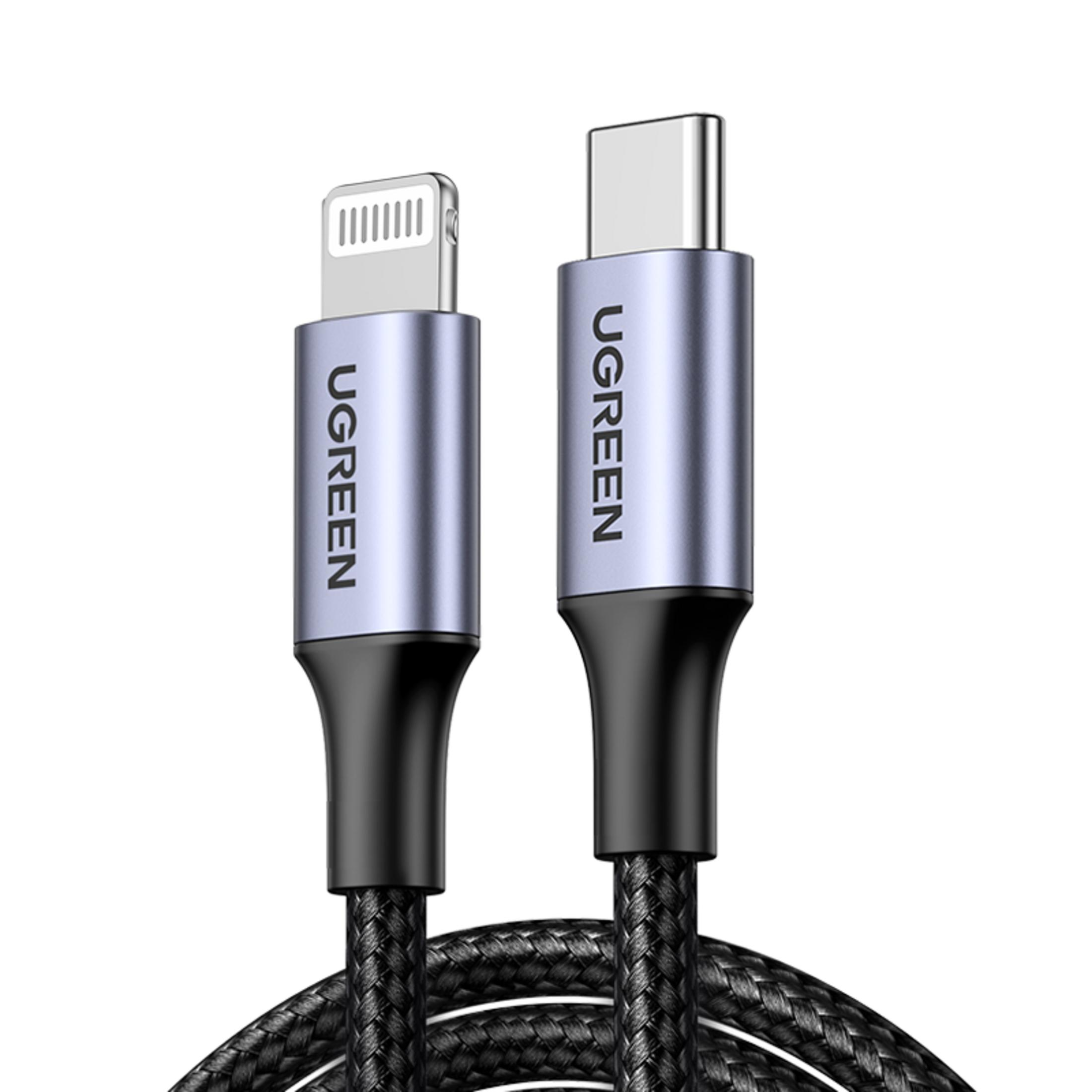 Un cavo lightning e un cavo USB-C con connettori argentati e treccia nera.