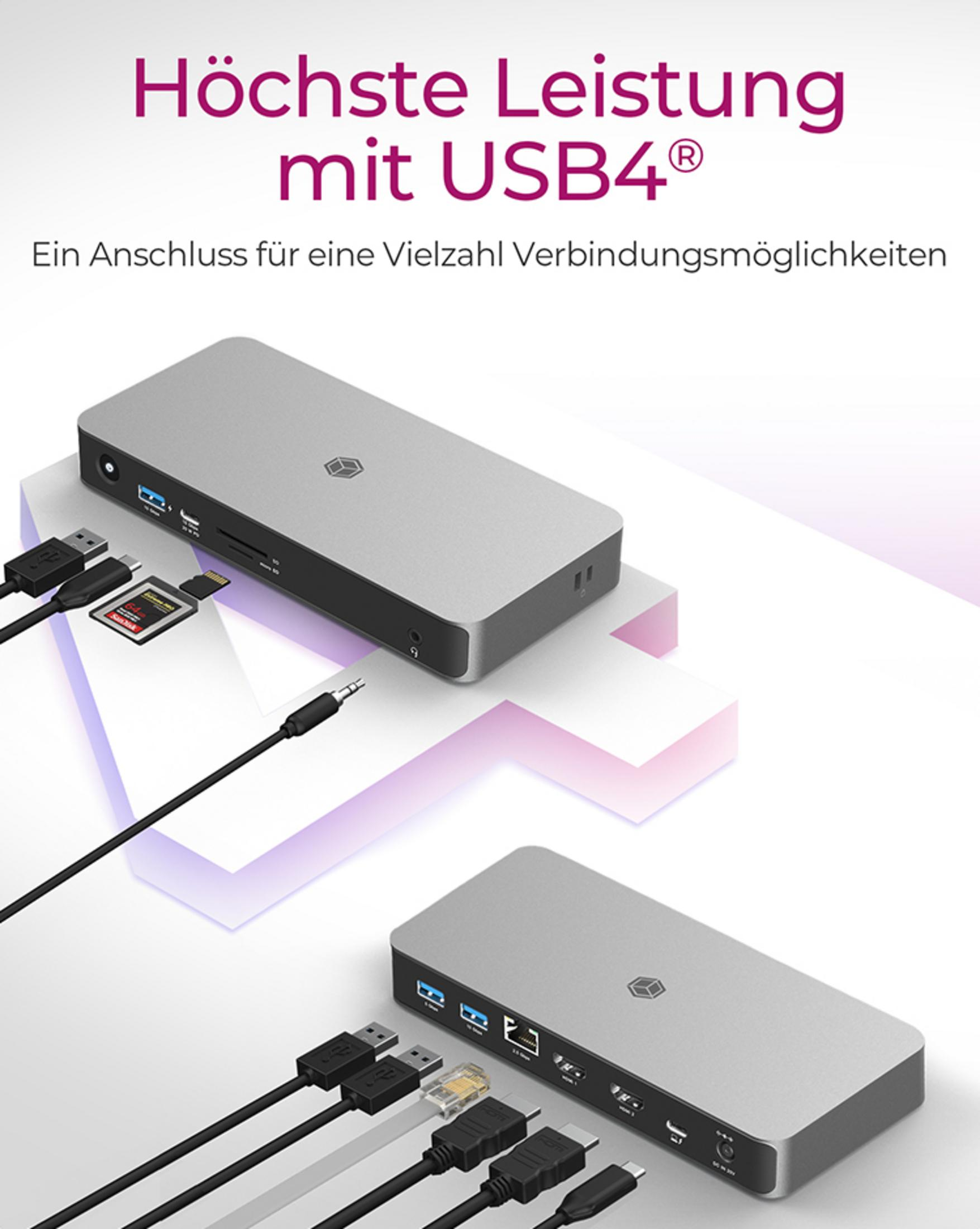 Zwei graue USB-C-Hubs mit vielen Anschlüssen und Kabeln.