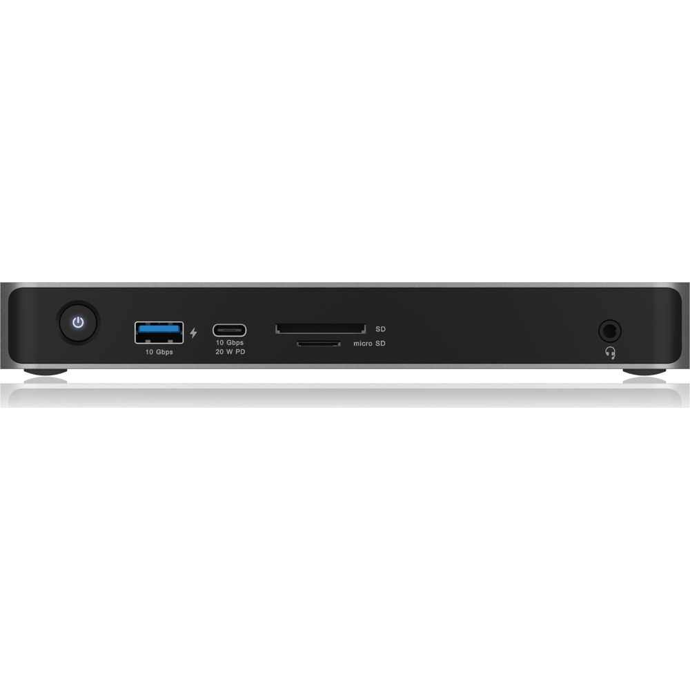 Ein schwarzes Gerät mit Anschlüssen: Strom, USB, SD-Kartenleser und Kopfhörer.