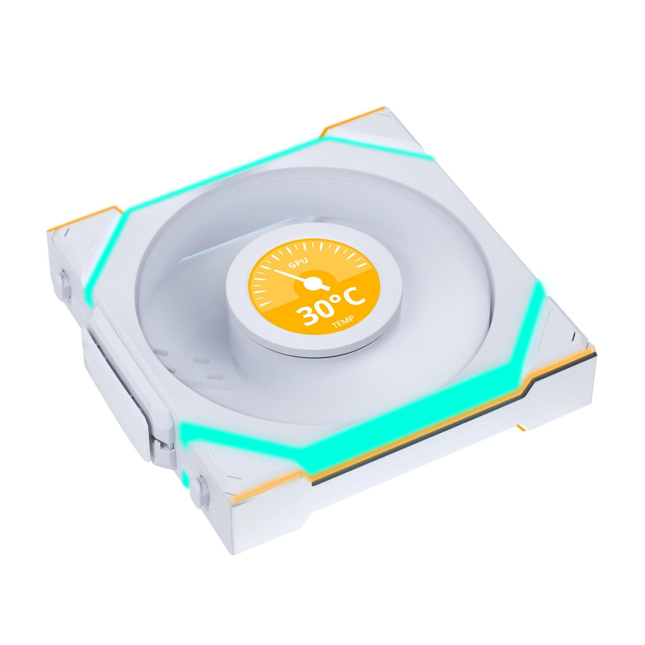A white computer fan with RGB lighting and a temperature display.