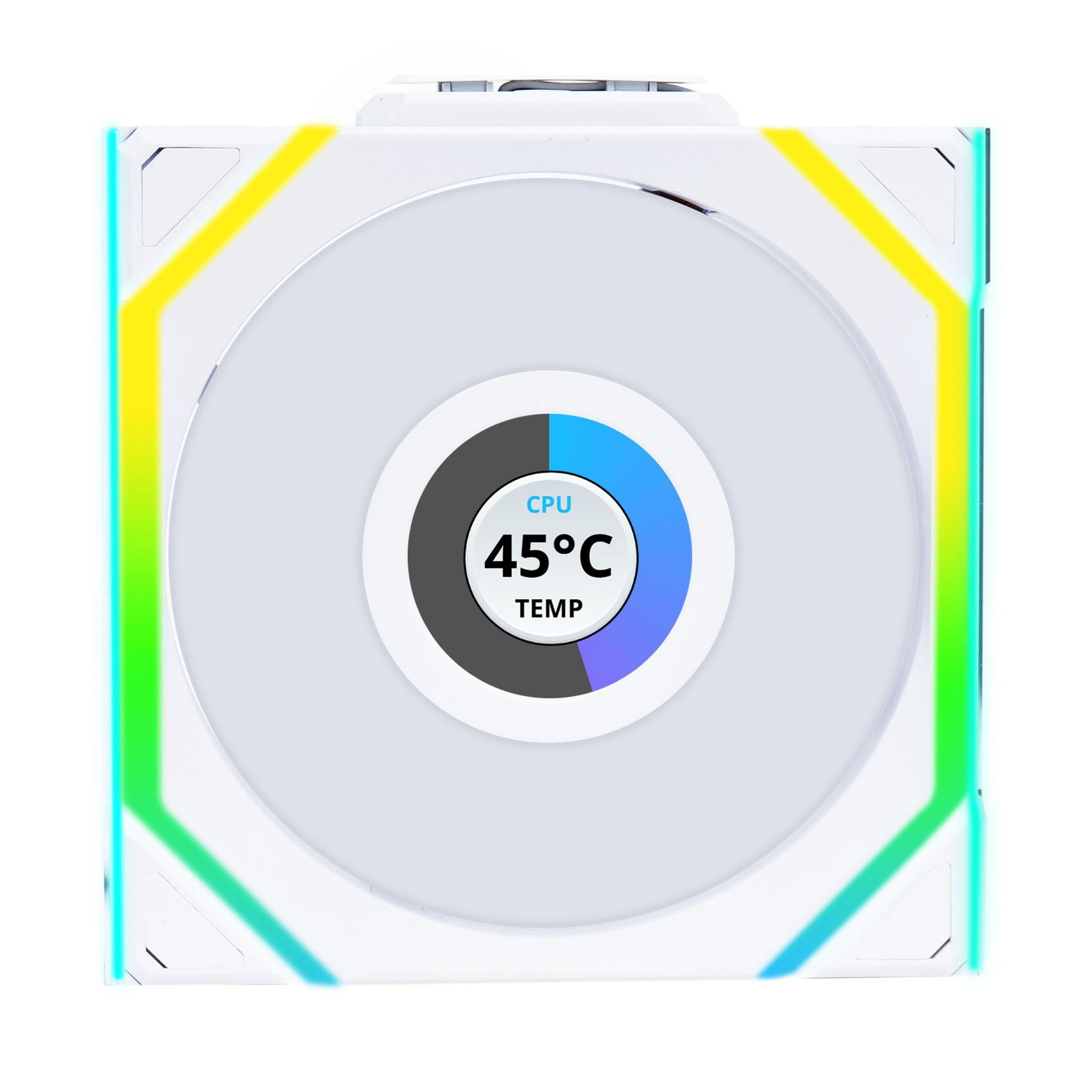 A white computer fan with RGB lighting and a central display showing 45°C.
