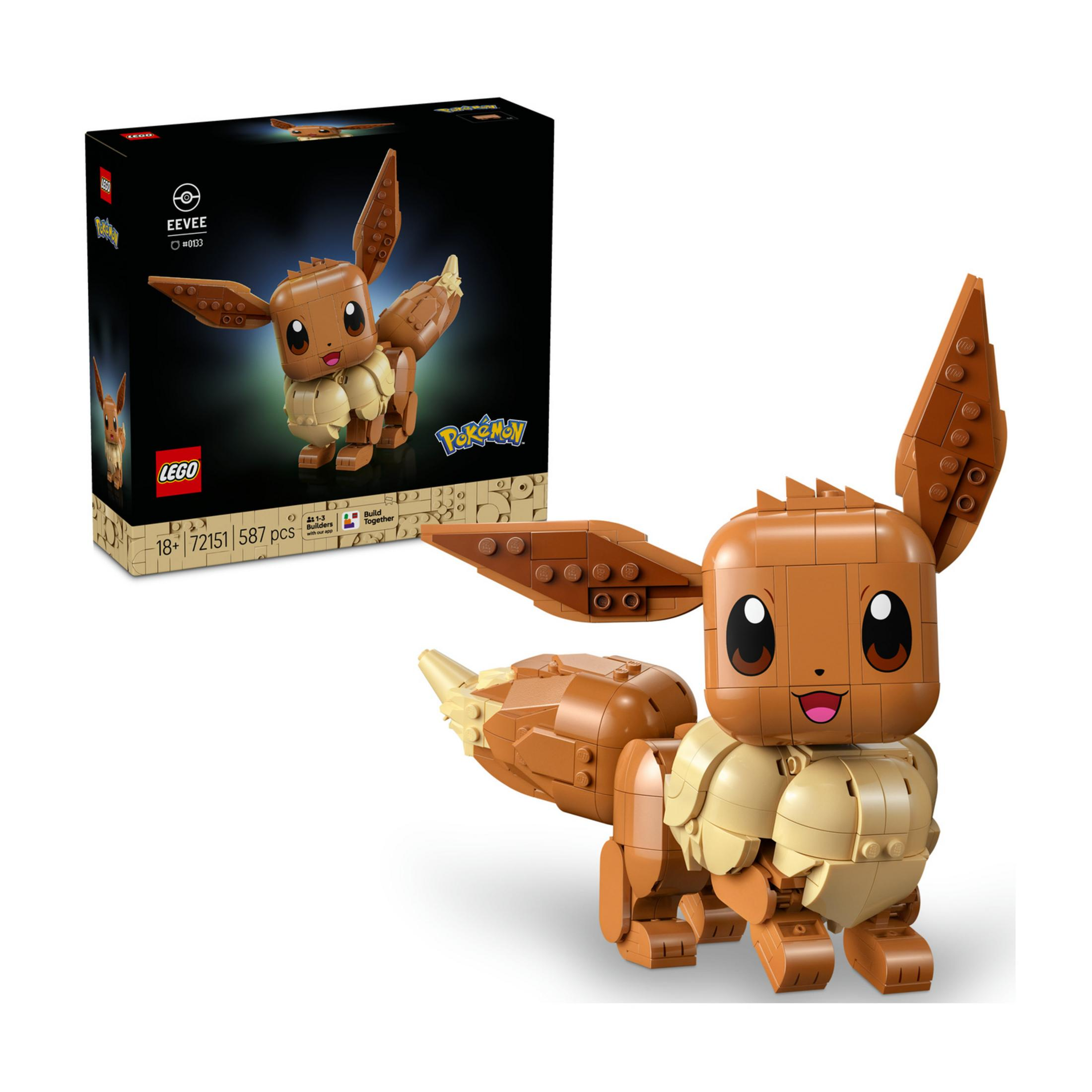 Un set LEGO de Eevee hecho de ladrillos marrones y tostados. La caja es negra.
