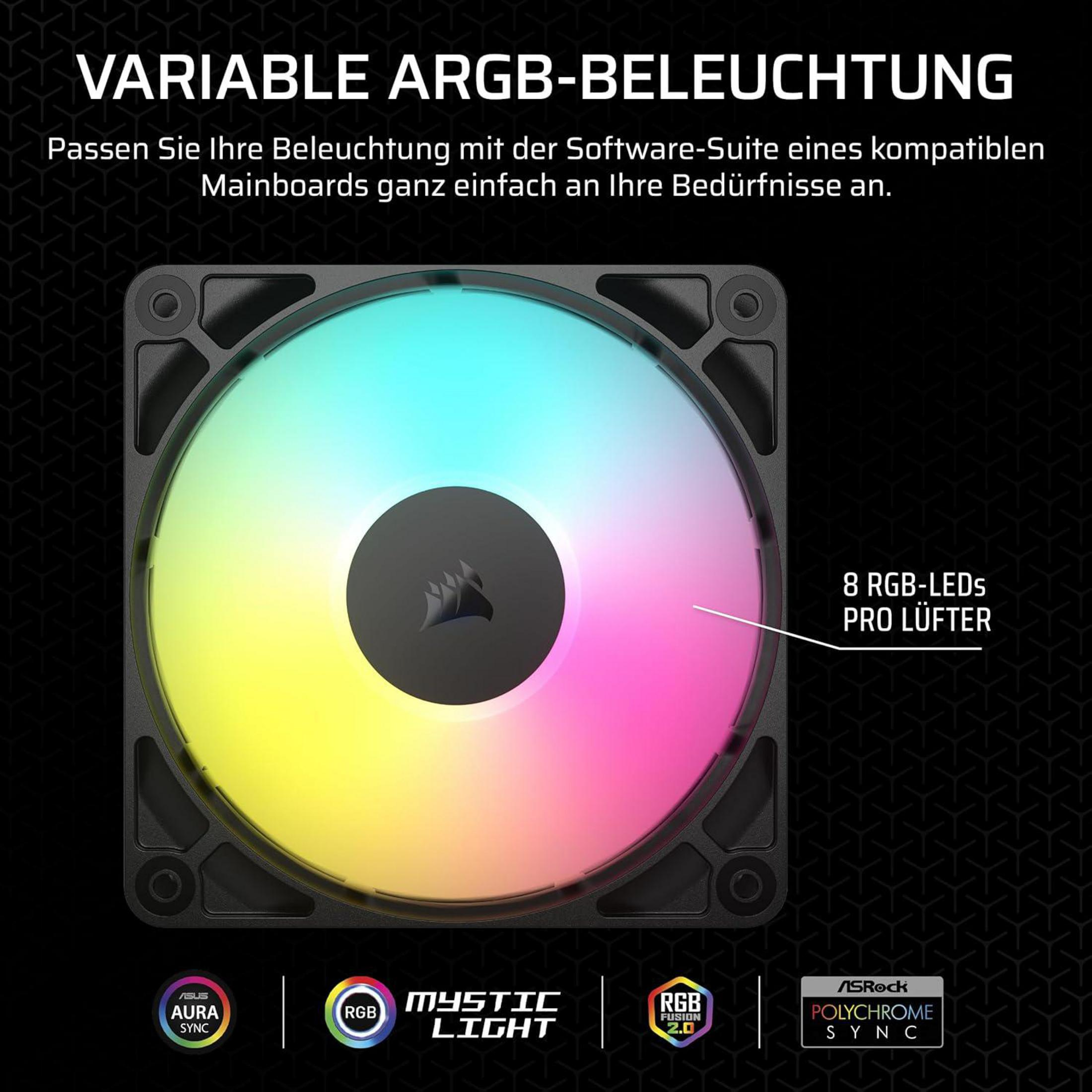 Un ventilateur de PC RVB à 8 LED brille en plusieurs couleurs. Logos en bas.