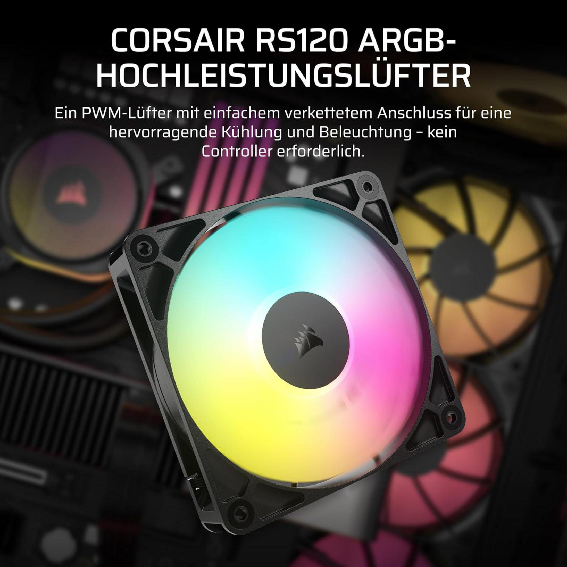 Un ventilateur Corsair RS120 ARGB avec LED colorées et cadre noir.