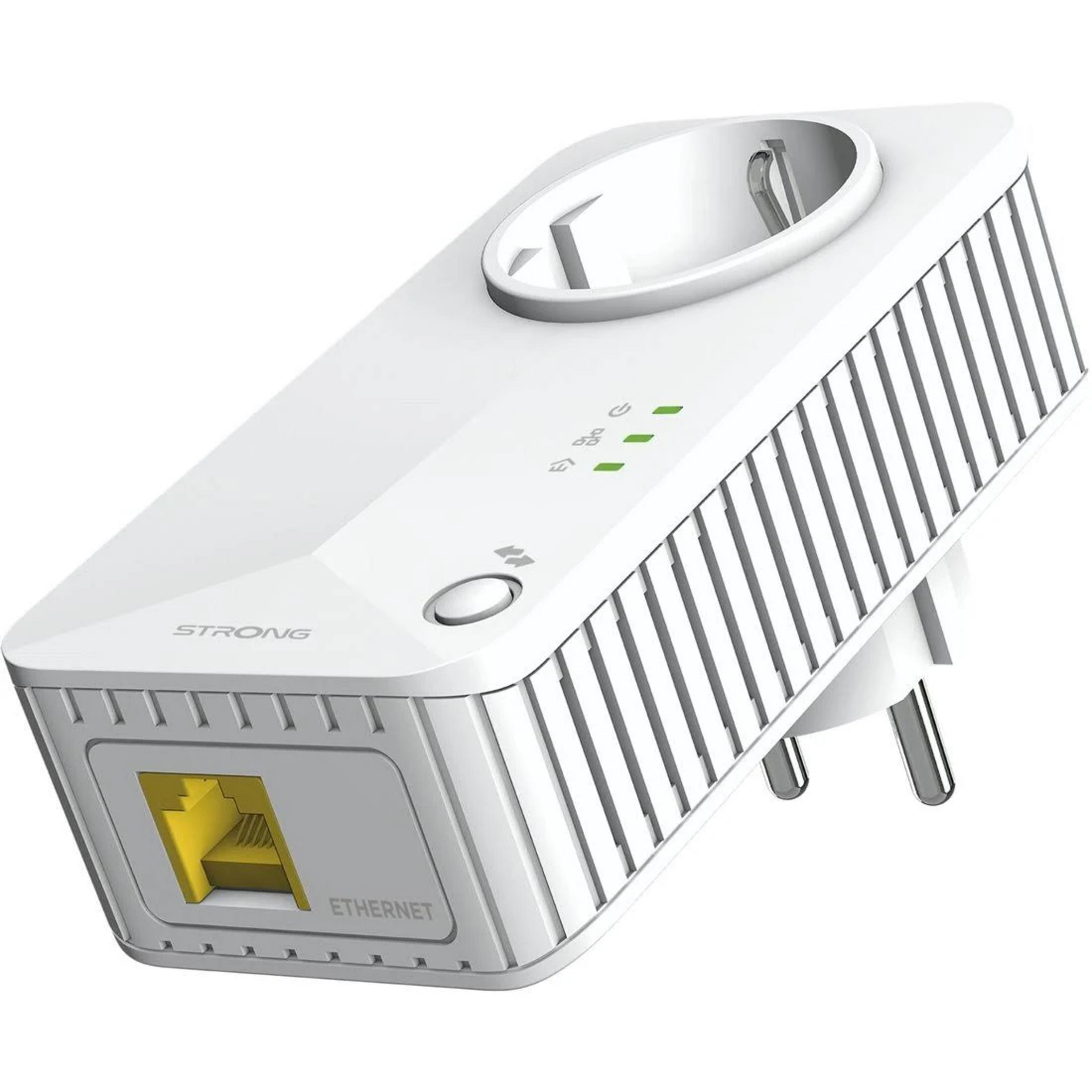 Ein weißer WLAN-Repeater mit Ethernet-Anschluss und drei grünen LEDs.