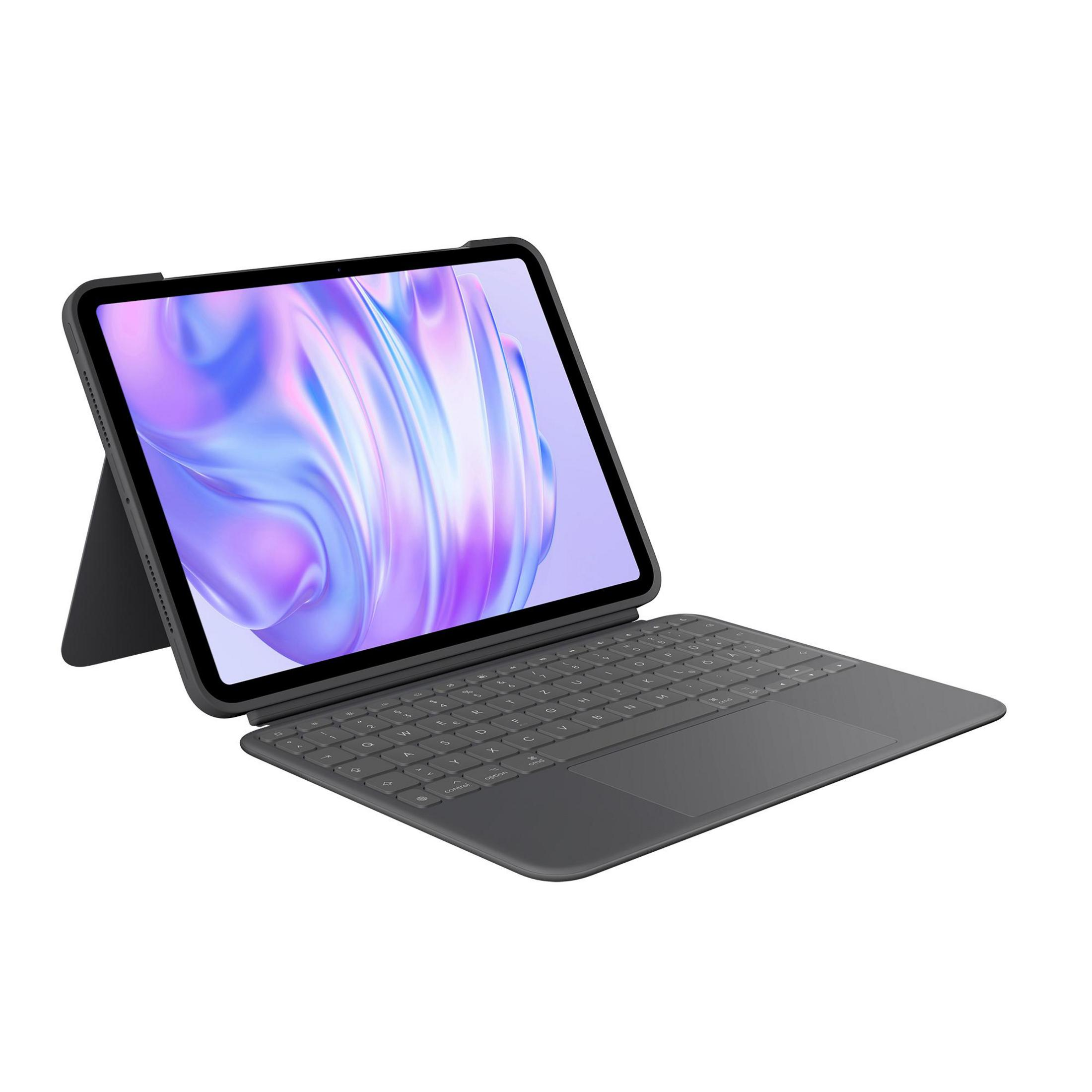 Un tablet grigio con tastiera e supporto attaccati, che visualizza uno sfondo astratto.