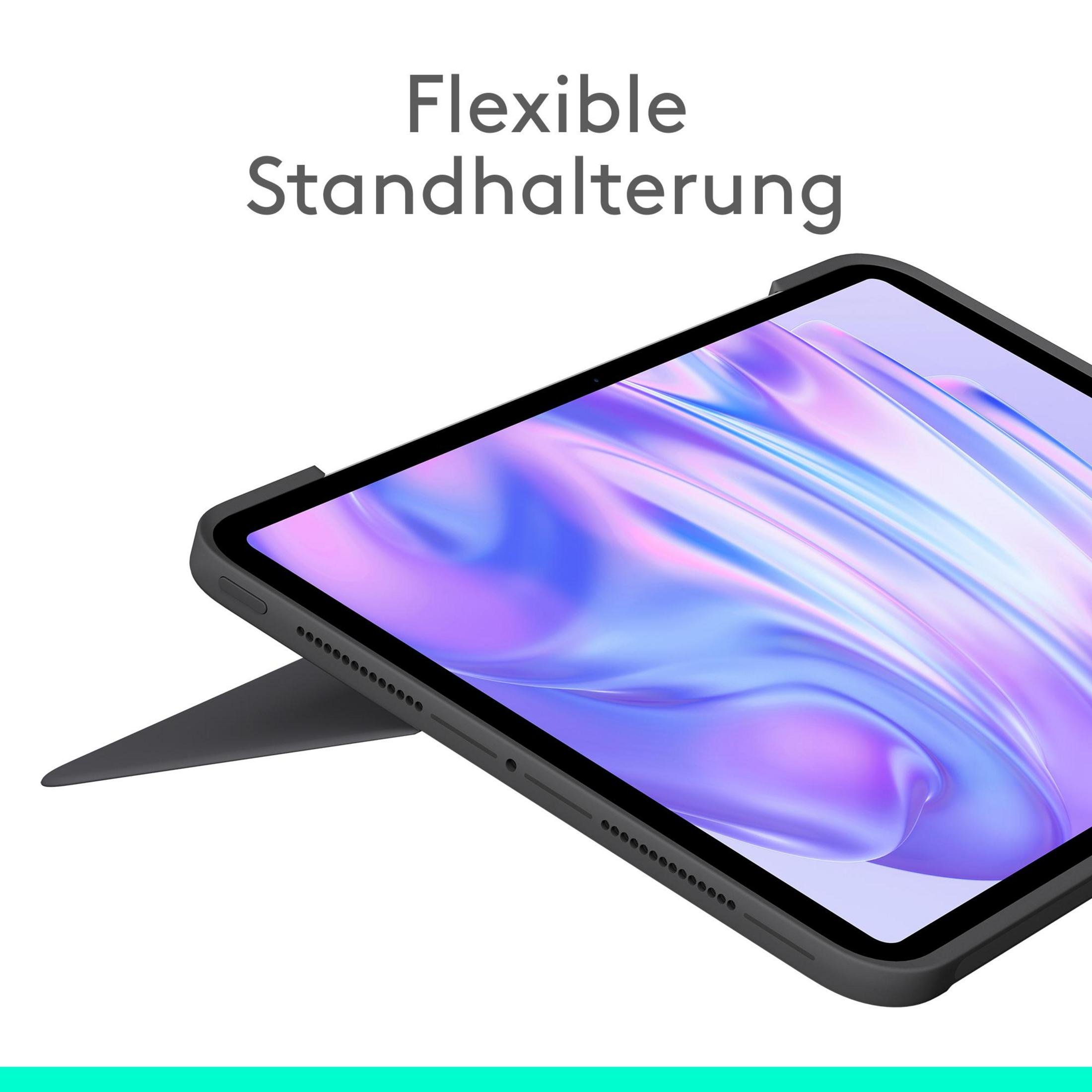 Un tablet con supporto flessibile su sfondo bianco.